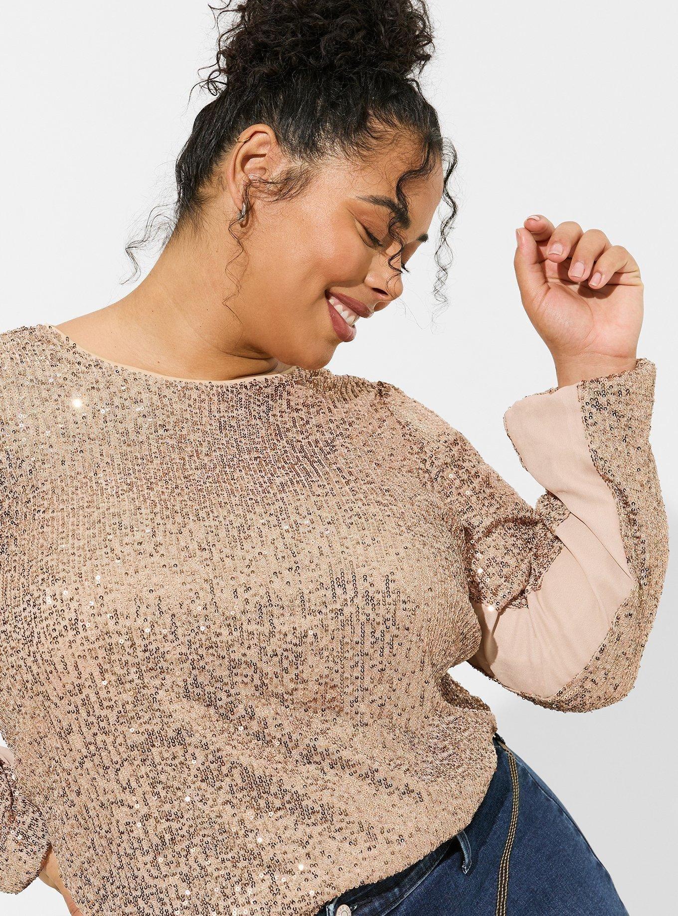 Plus Size Sequin Long Sleeve Blouse, GOLD, alternate