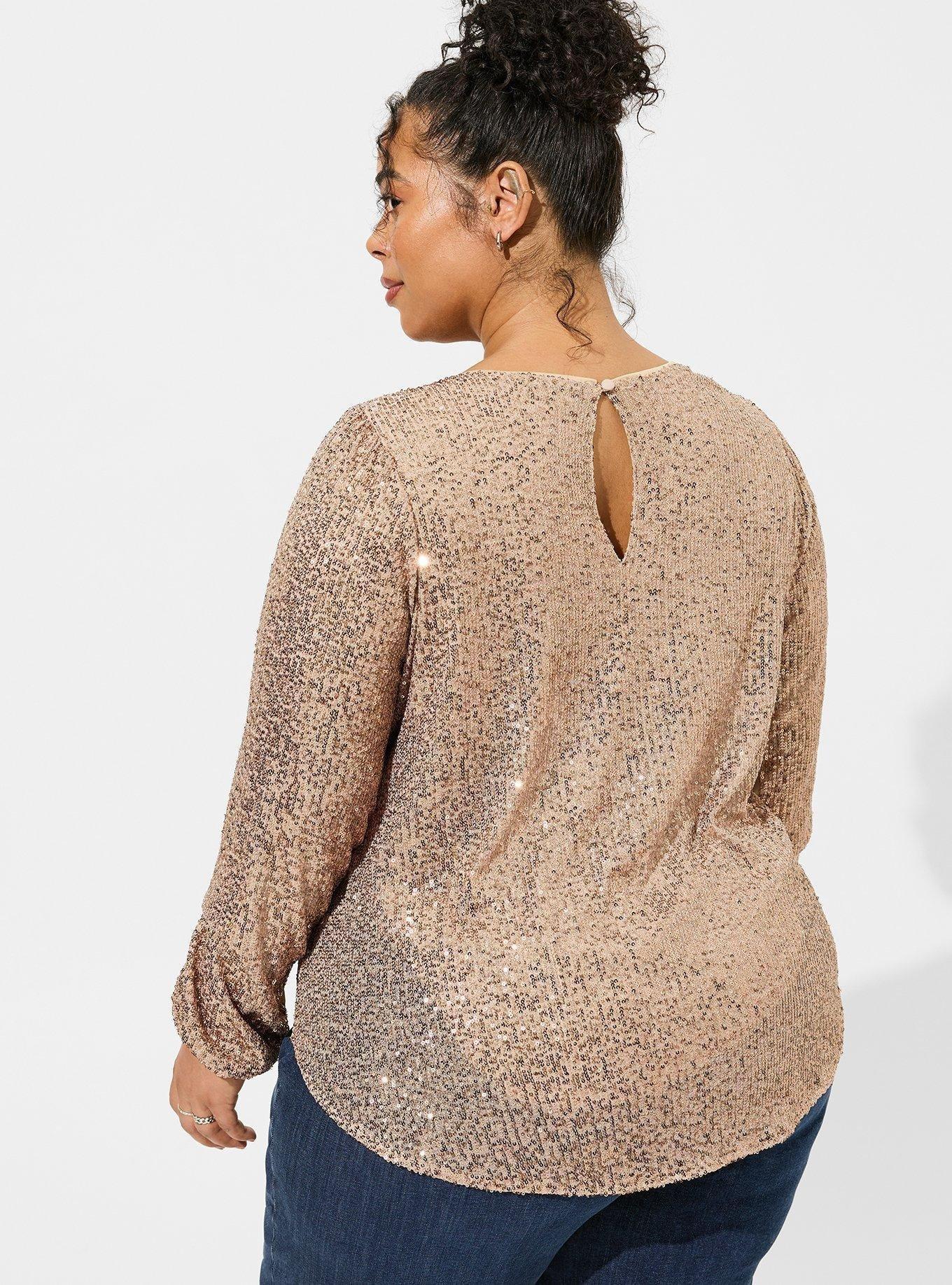 Plus Size Sequin Long Sleeve Blouse, GOLD, alternate