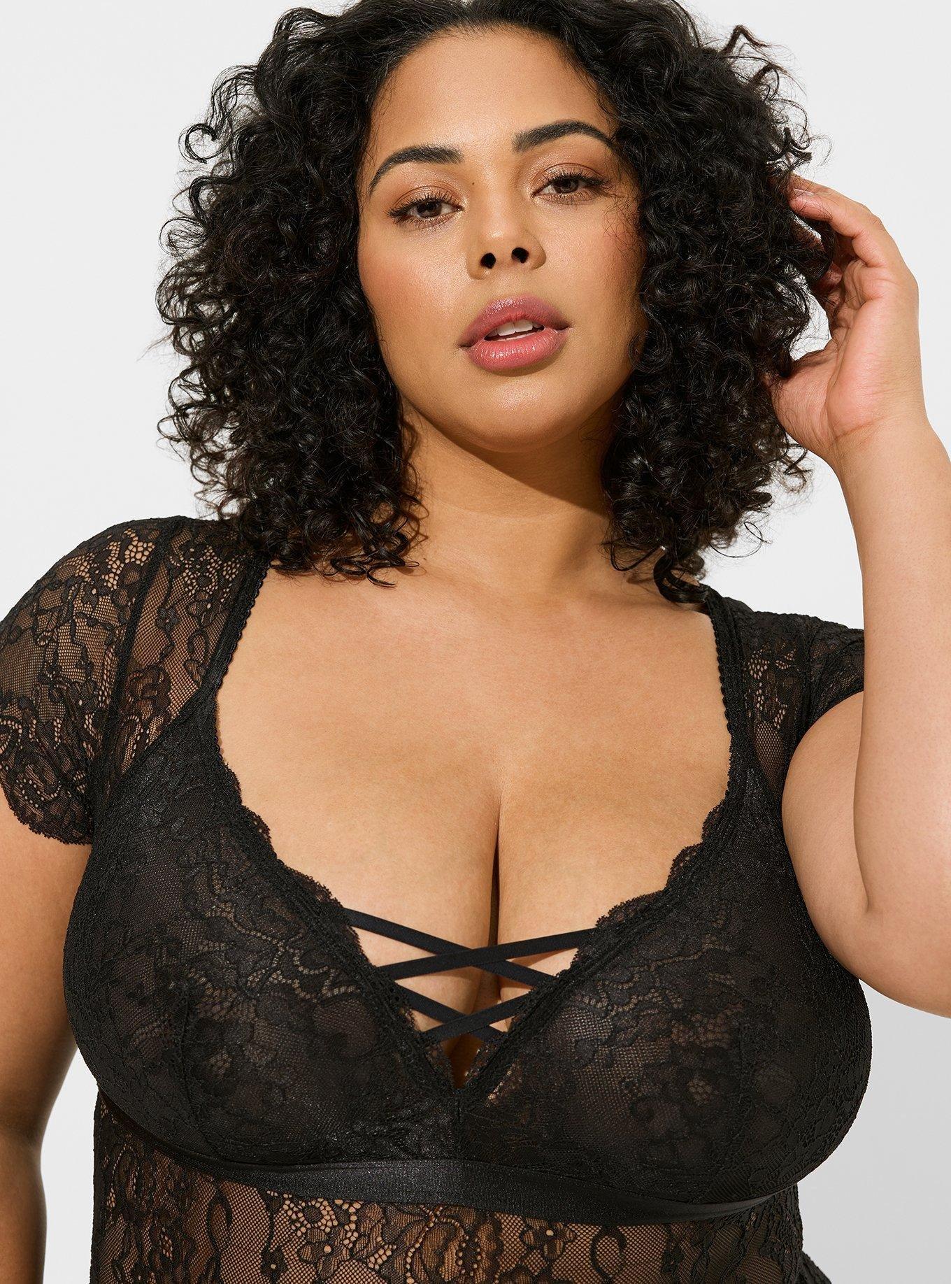 Lace Short Sleeve Bodysuit, RICH BLACK, alternate