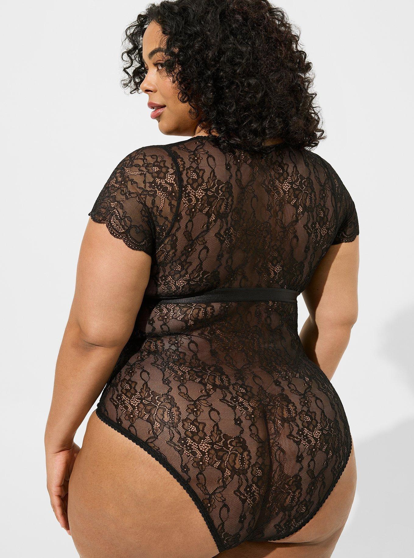 Lace Short Sleeve Bodysuit, RICH BLACK, alternate