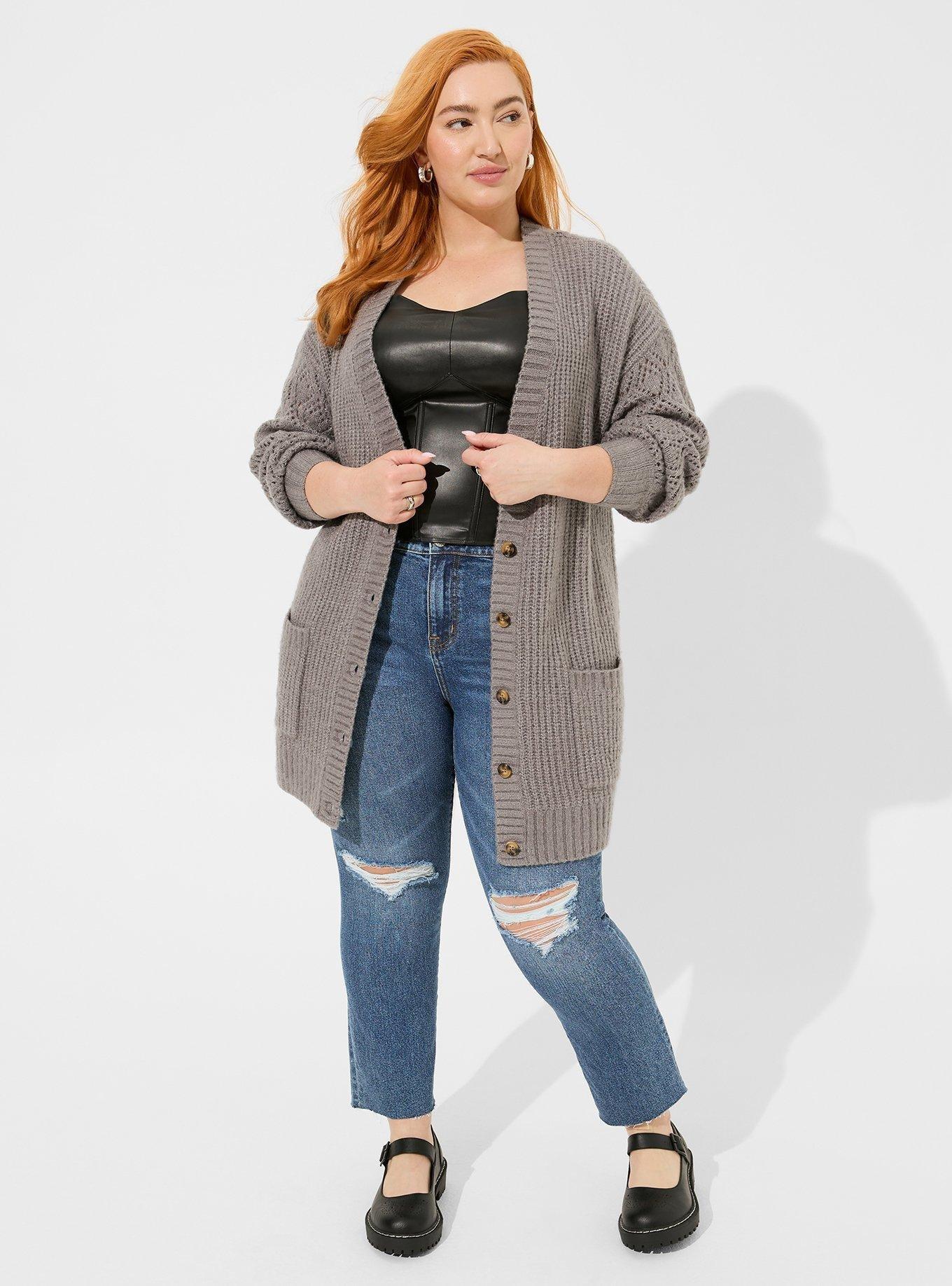 Boyfriend Cardigan Pointelle Sleeve Sweater