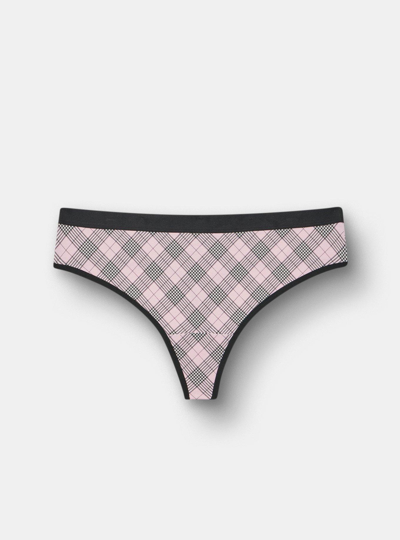Comfort Elastic Cotton Mid-Rise Thong Panty, MARGARET PLAID BLEACHED MAUVE, hi-res