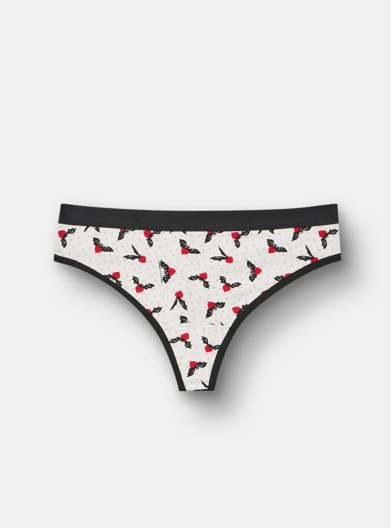 Plus Size Comfort Elastic Cotton Mid-Rise Thong Panty, HEART BATS CLOUD DANCER, hi-res