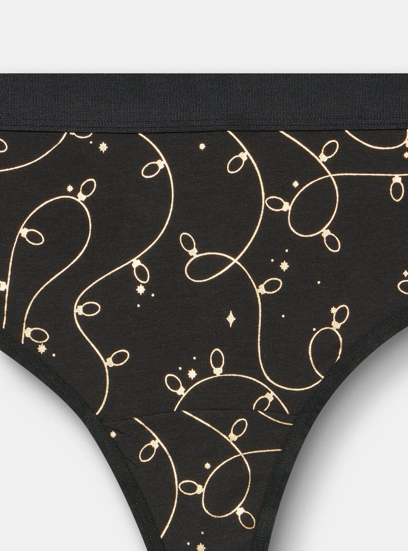 Plus Size Comfort Elastic Cotton Mid-Rise Thong, LIT UP RICH BLACK GOLD FOIL, alternate