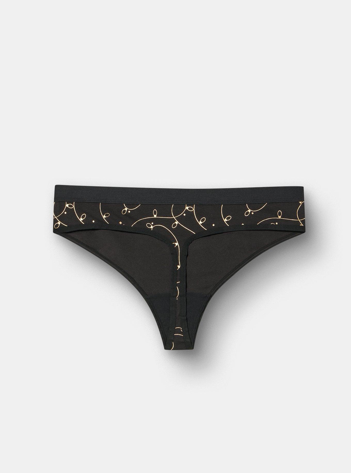 Plus Size Comfort Elastic Cotton Mid-Rise Thong, LIT UP RICH BLACK GOLD FOIL, alternate