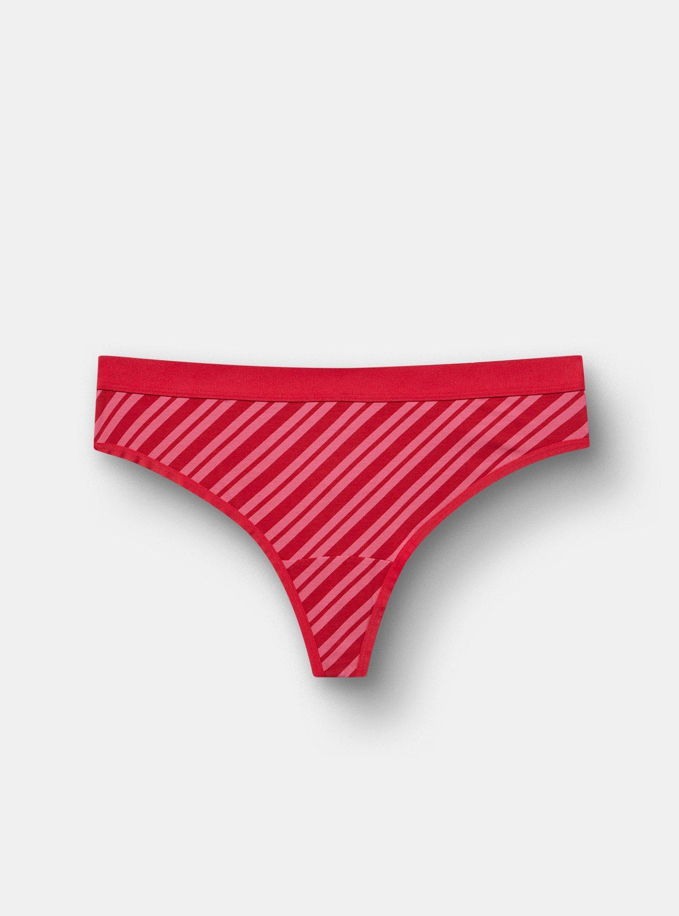 Plus Size Comfort Elastic Cotton Mid-Rise Thong Panty, LANE STRIPE JESTER RED, hi-res