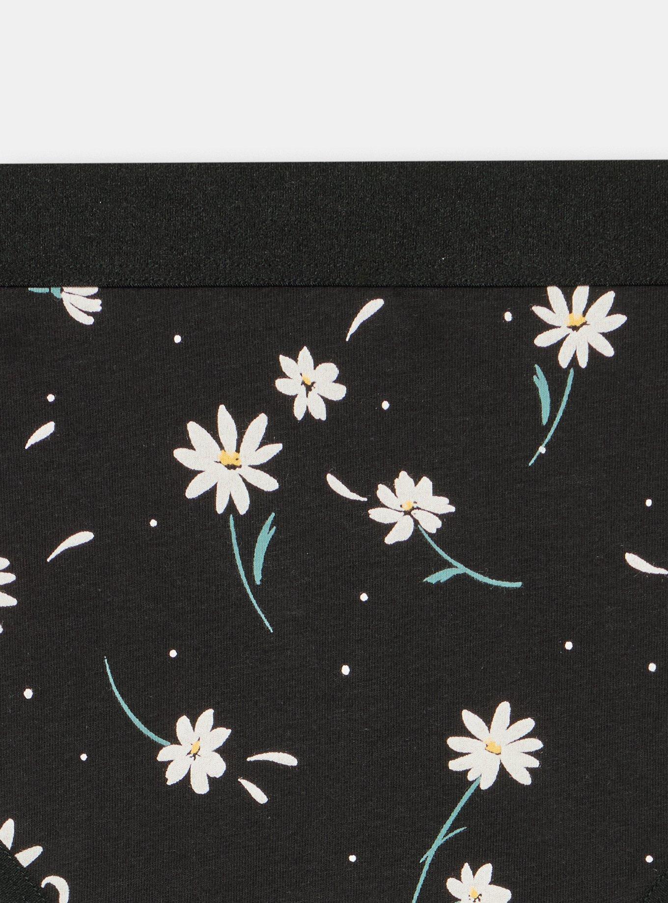 Plus Size Comfort Elastic Cotton Mid-Rise Thong Panty, DAISY DANCE FLORAL BLACK, alternate