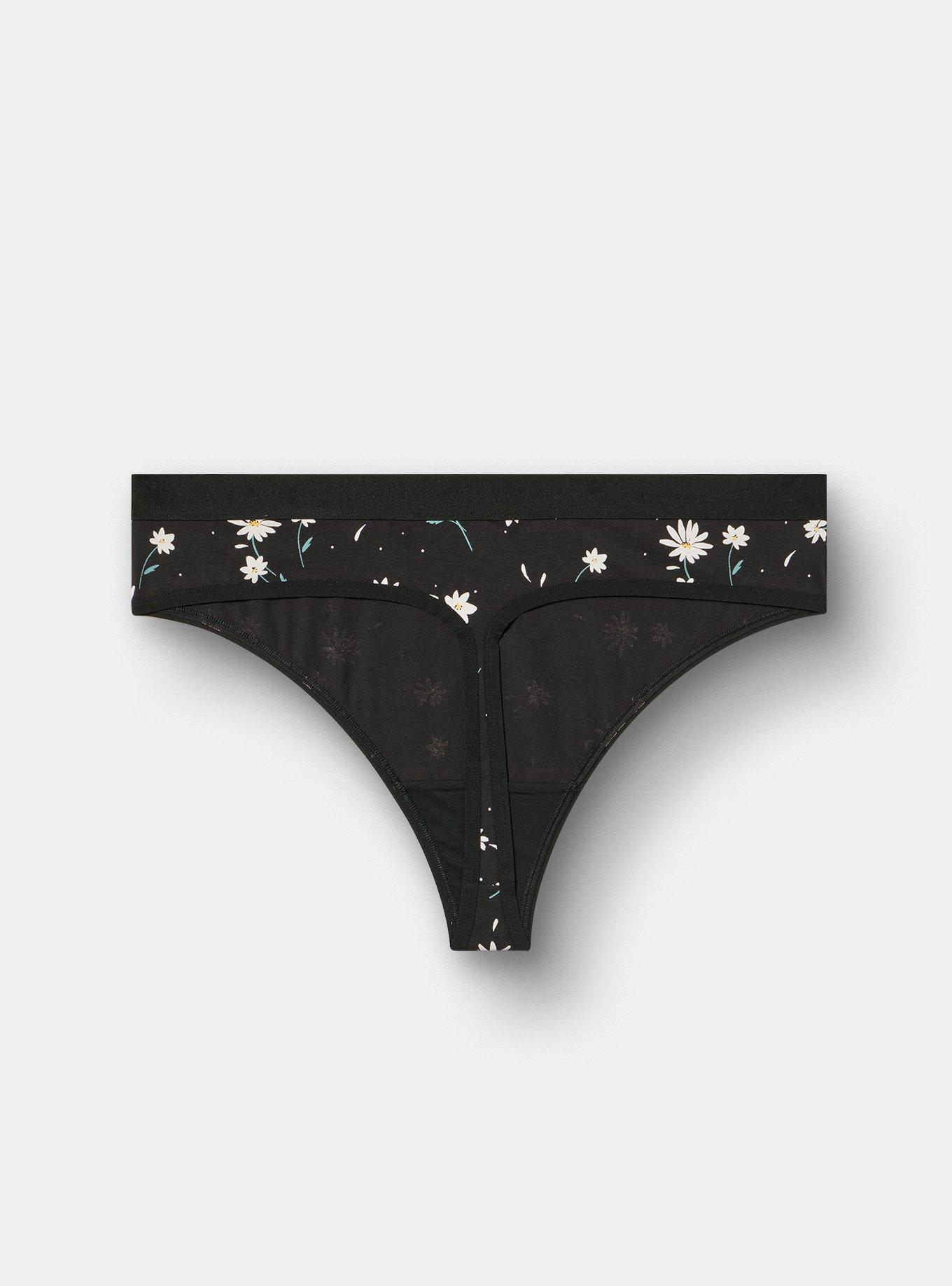 Plus Size Comfort Elastic Cotton Mid-Rise Thong Panty, DAISY DANCE FLORAL BLACK, alternate