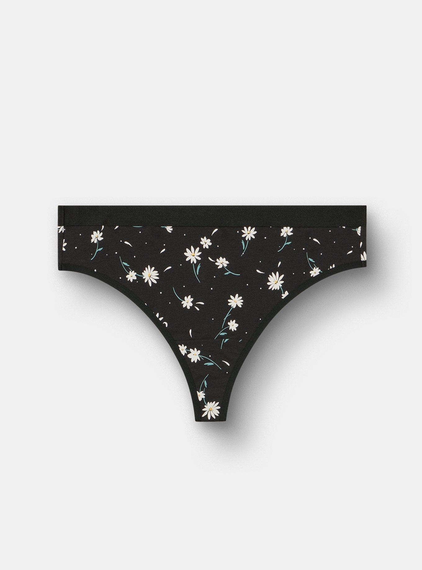 Plus Size Comfort Elastic Cotton Mid-Rise Thong Panty, DAISY DANCE FLORAL BLACK, hi-res