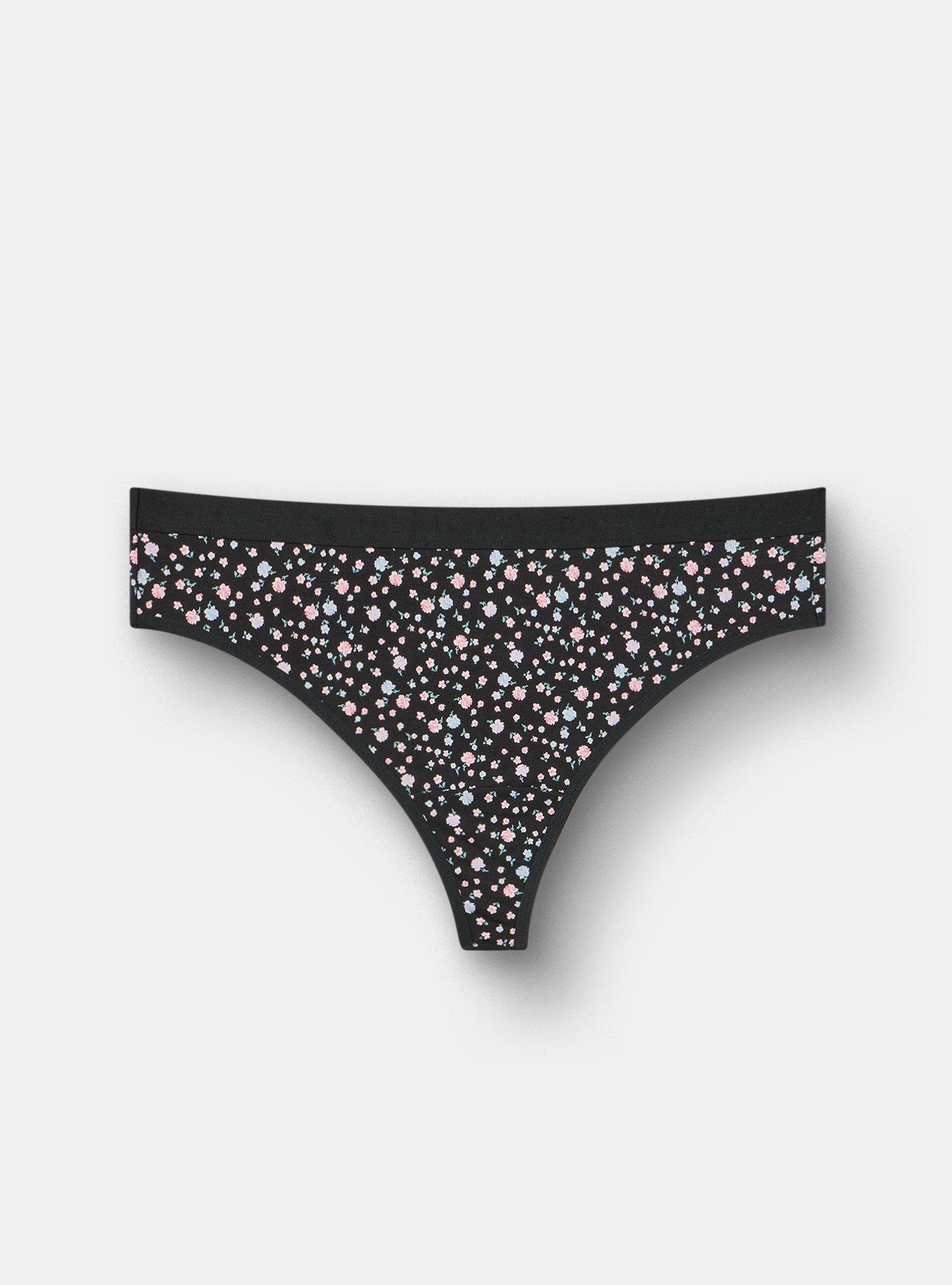 Comfort Elastic Cotton Mid-Rise Thong, PETITE ROSES FLORAL BLACK, hi-res
