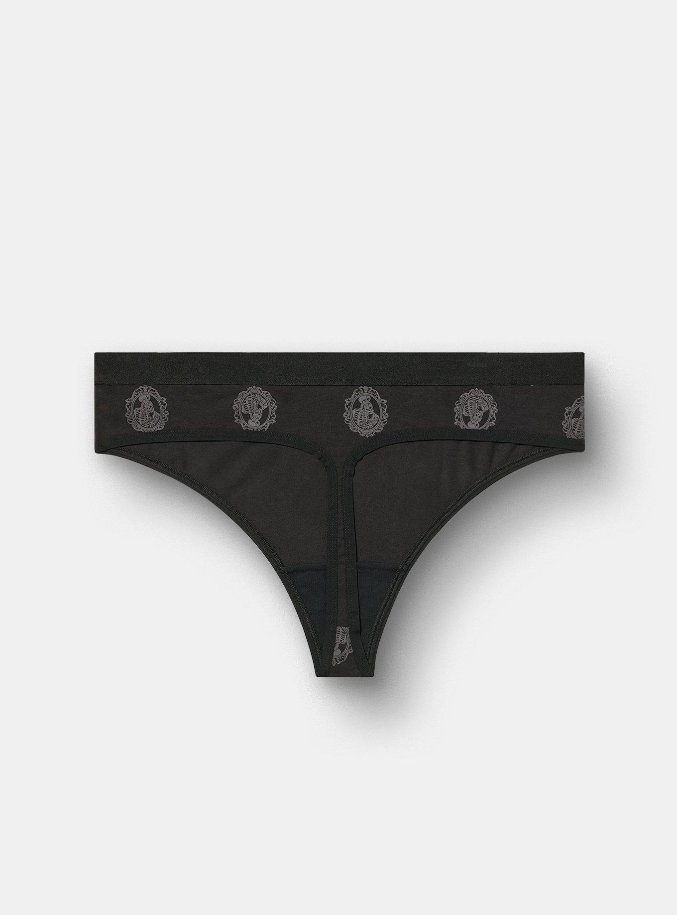 Plus Size Comfort Elastic Cotton Mid-Rise Thong Panty, SKELETON LOVERS SMALL BLACK, alternate