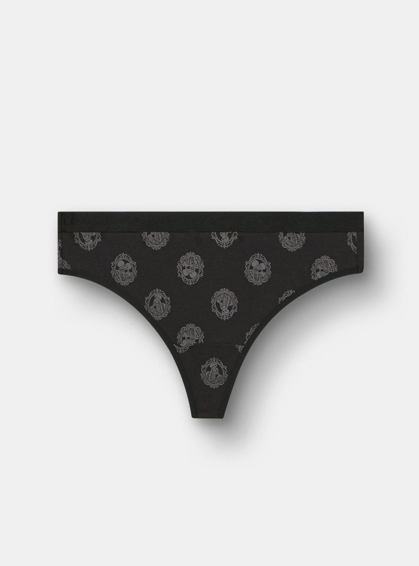 Plus Size Comfort Elastic Cotton Mid-Rise Thong Panty, SKELETON LOVERS SMALL BLACK, hi-res