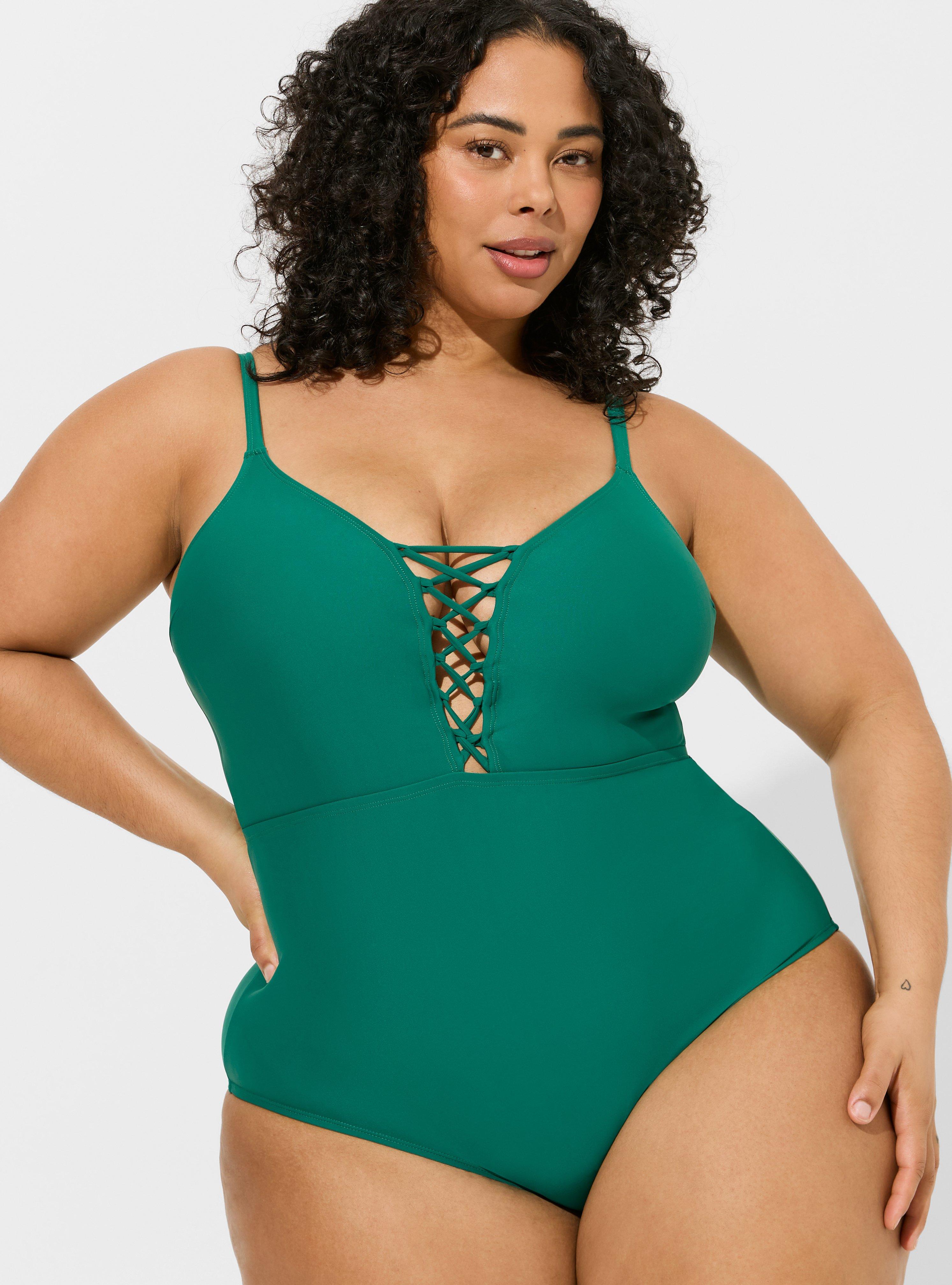 Plus Size - Wireless Plunge Strappy Lace Up One Piece Swimsuit - Torrid