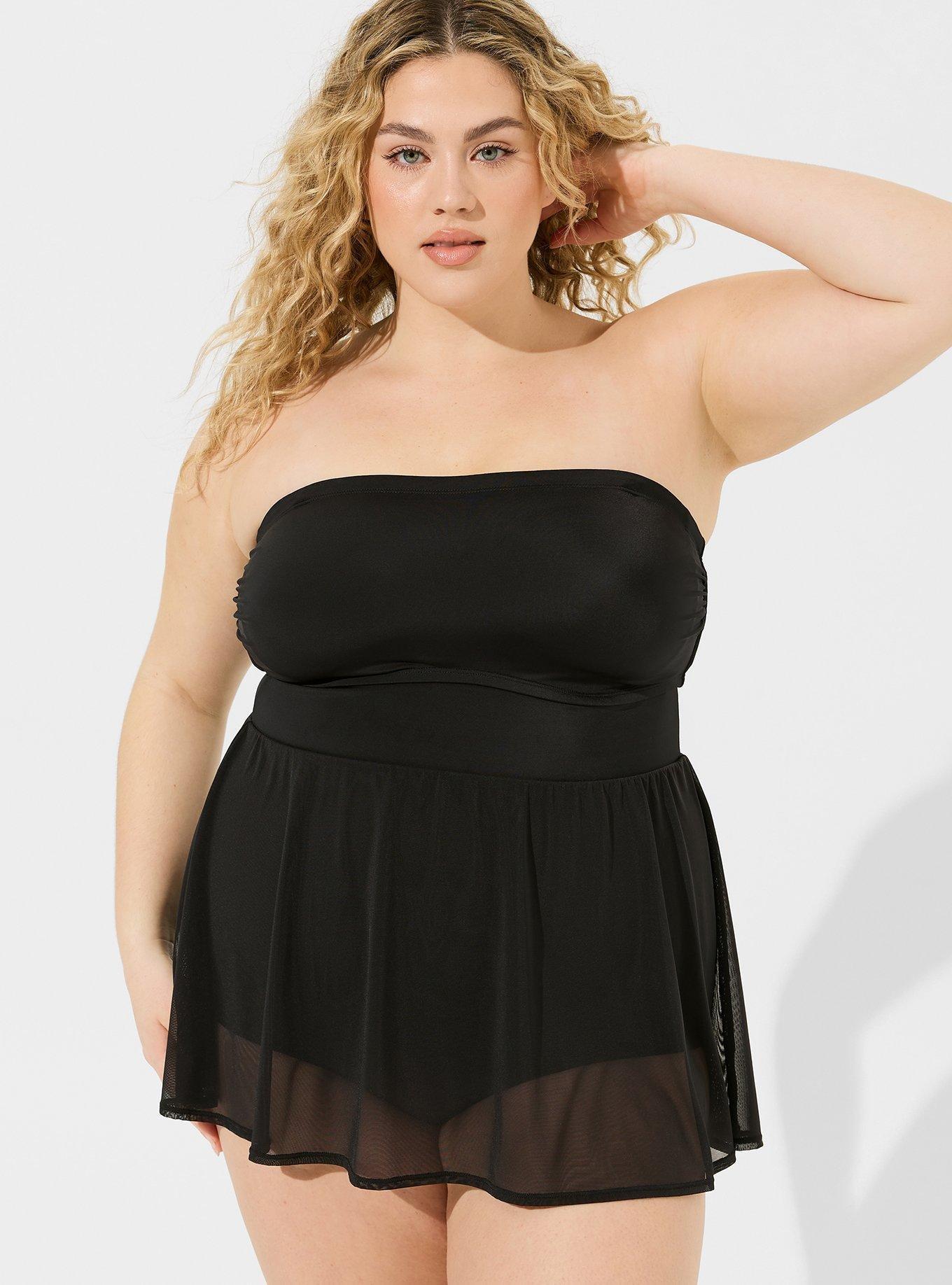 Wireless Strapless Mesh Skirted Swim Dress With Brief