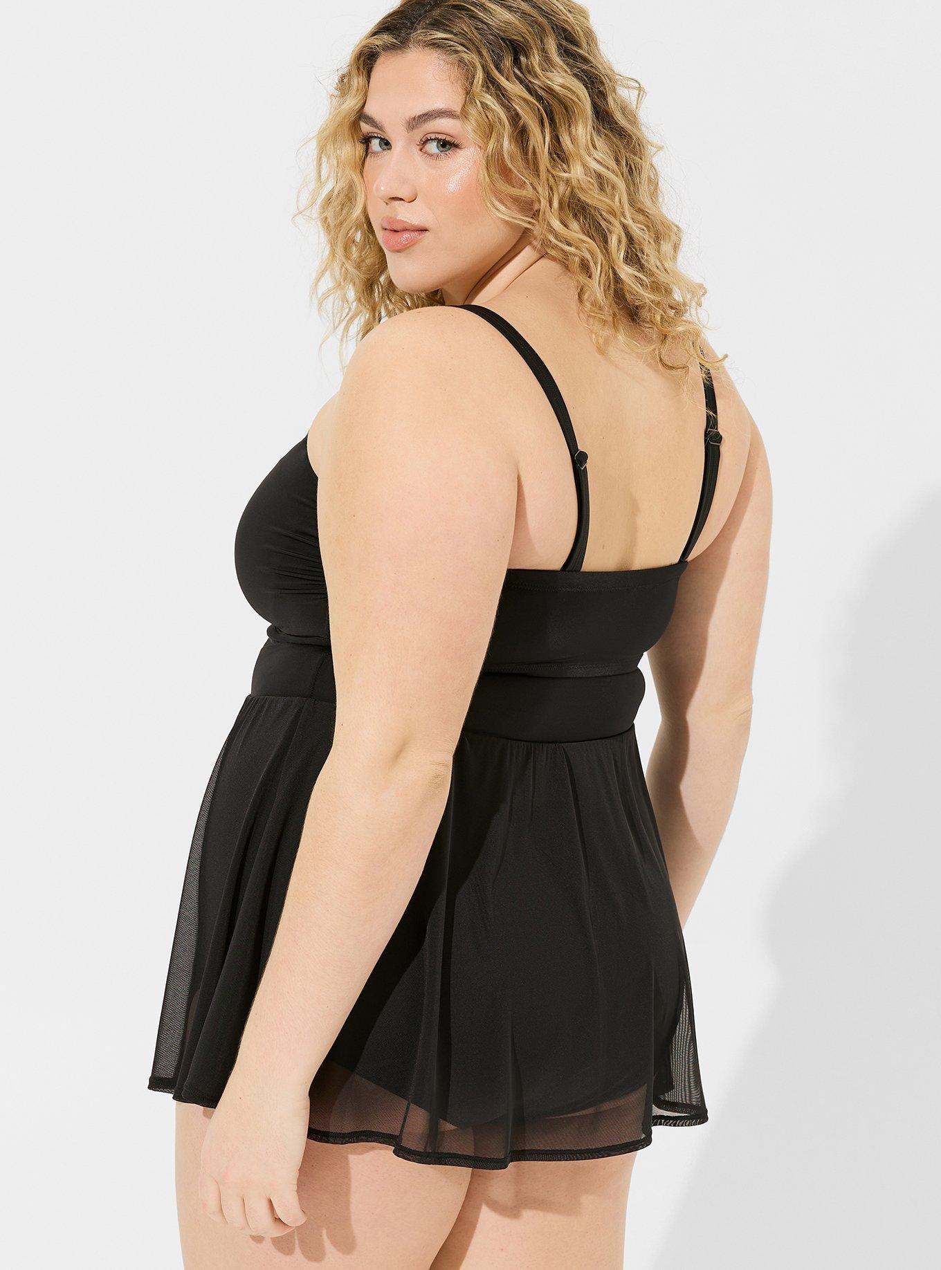 Wireless Strapless Mesh Skirted Swim Dress With Brief