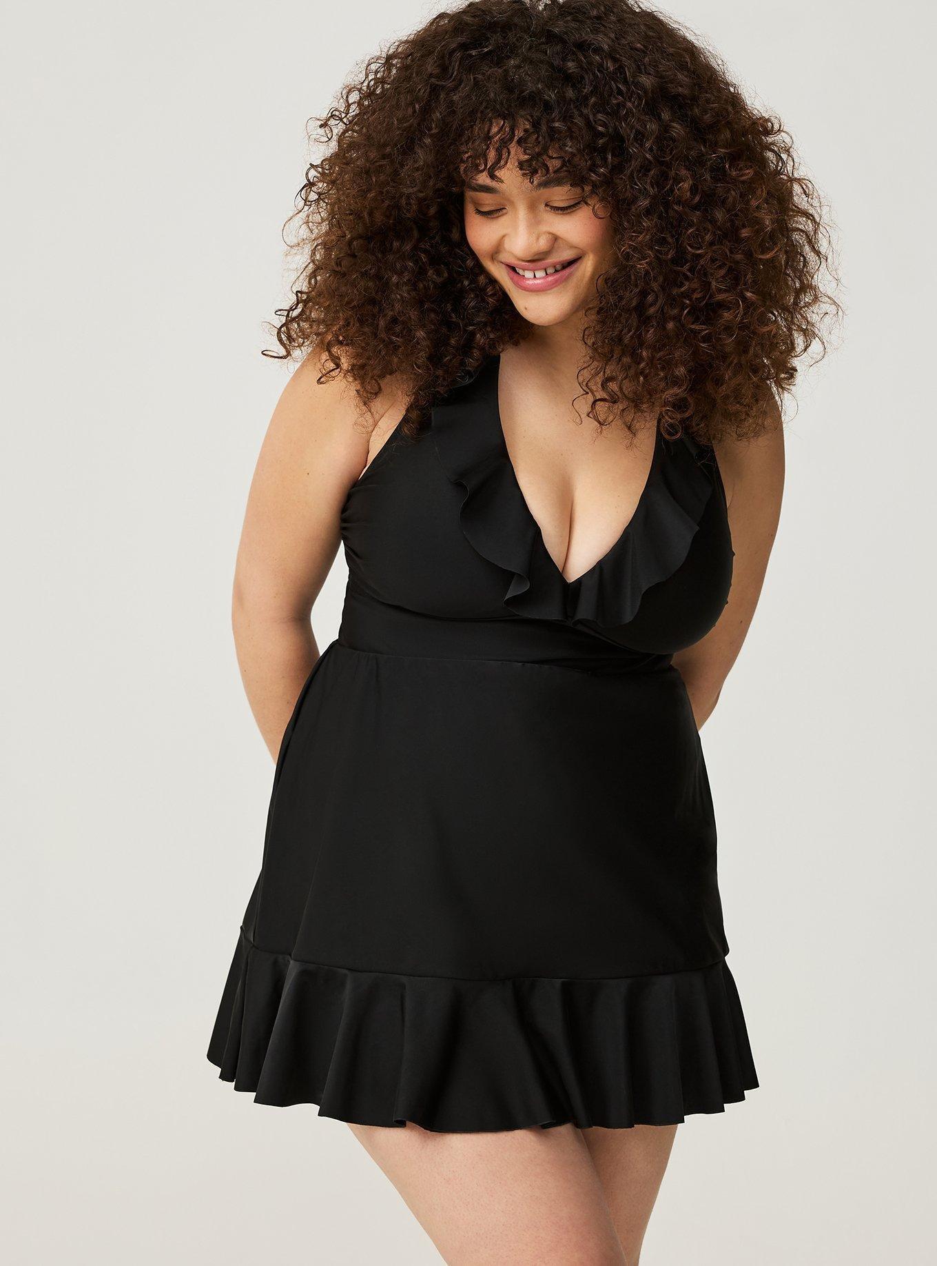 Wireless Ruffle Trimmed A Line Swim Dress With Brief