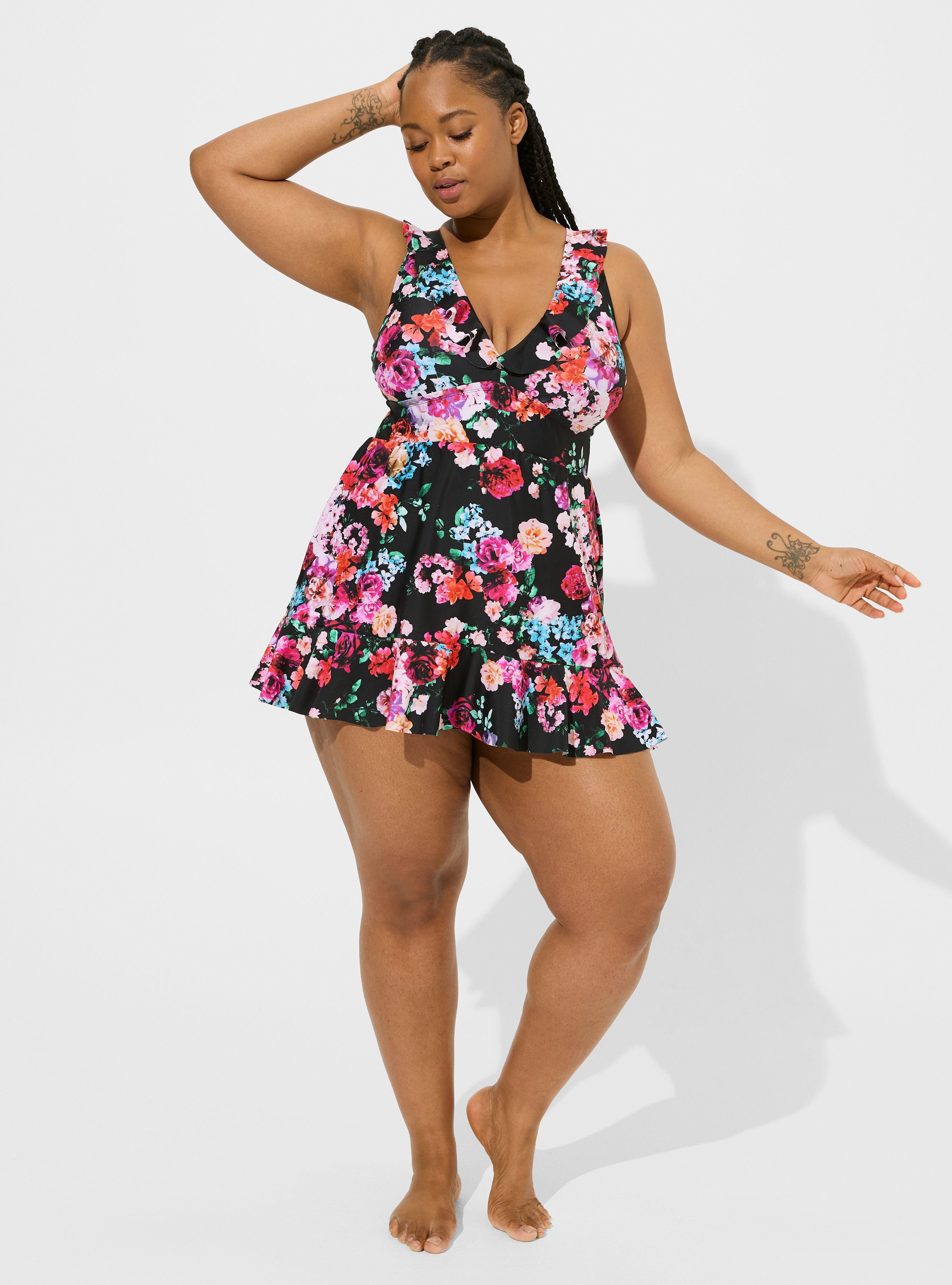 Plus Size - Wireless Ruffle Trimmed A Line Swim Dress With Brief