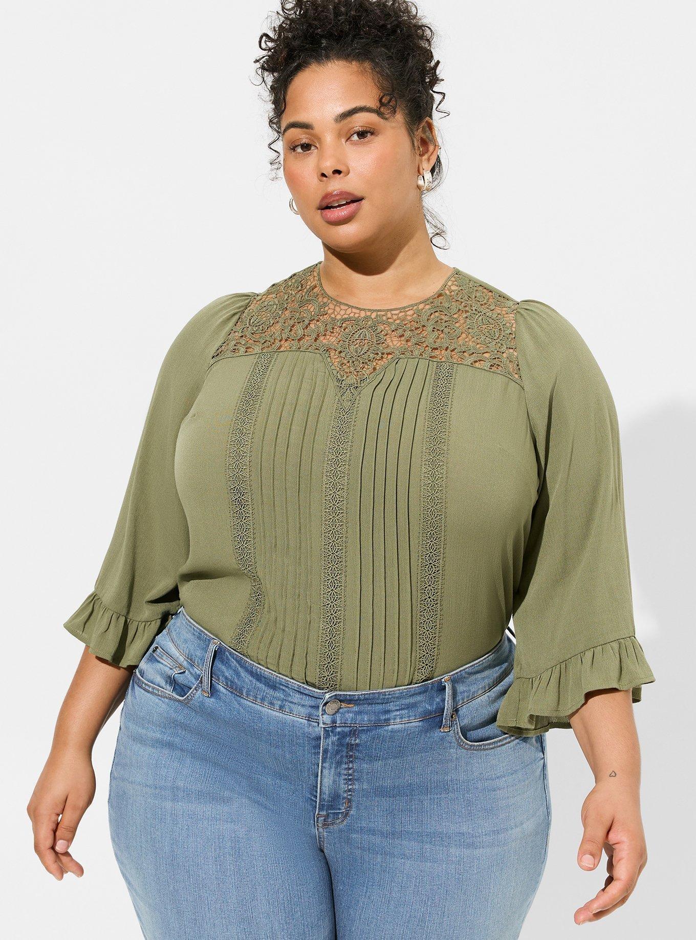 Plus Size Washable Gauze Crochet Neck 3/4 Sleeve Blouse Torrid
