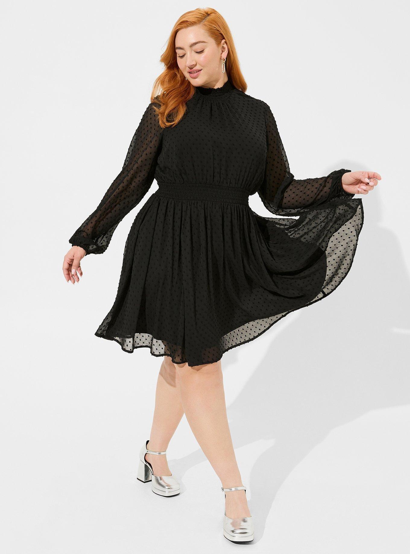 Plus Size Mini Clipdot Blouson Sleeve Mock Neck Skater Dress