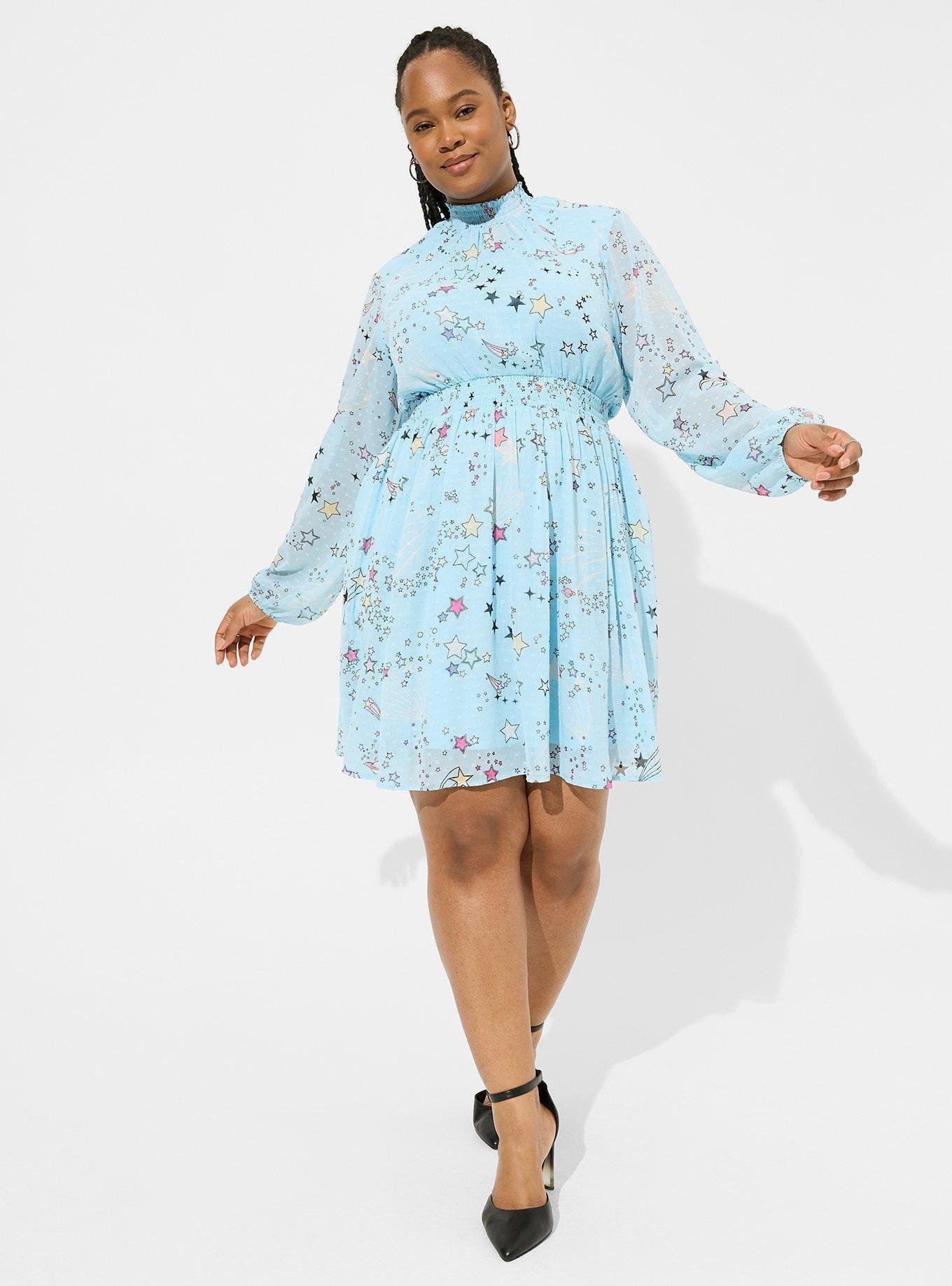 Plus Size - Mini Clipdot Blouson Sleeve Mock Neck Skater Dress