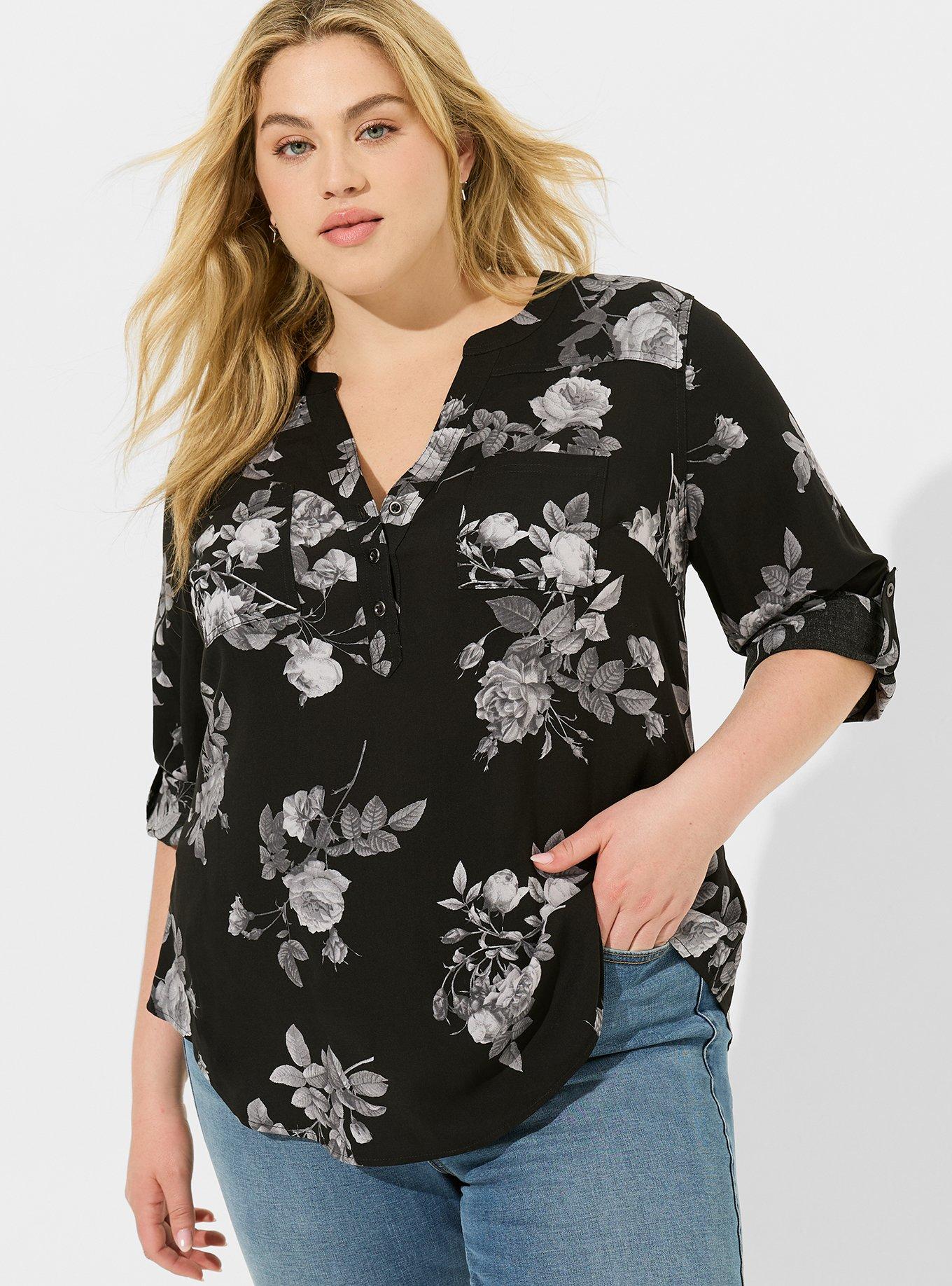 TORRID Sheer Floral Chiffon Hi-Lo Tunic Top V-Neck Tab Sleeve Plus