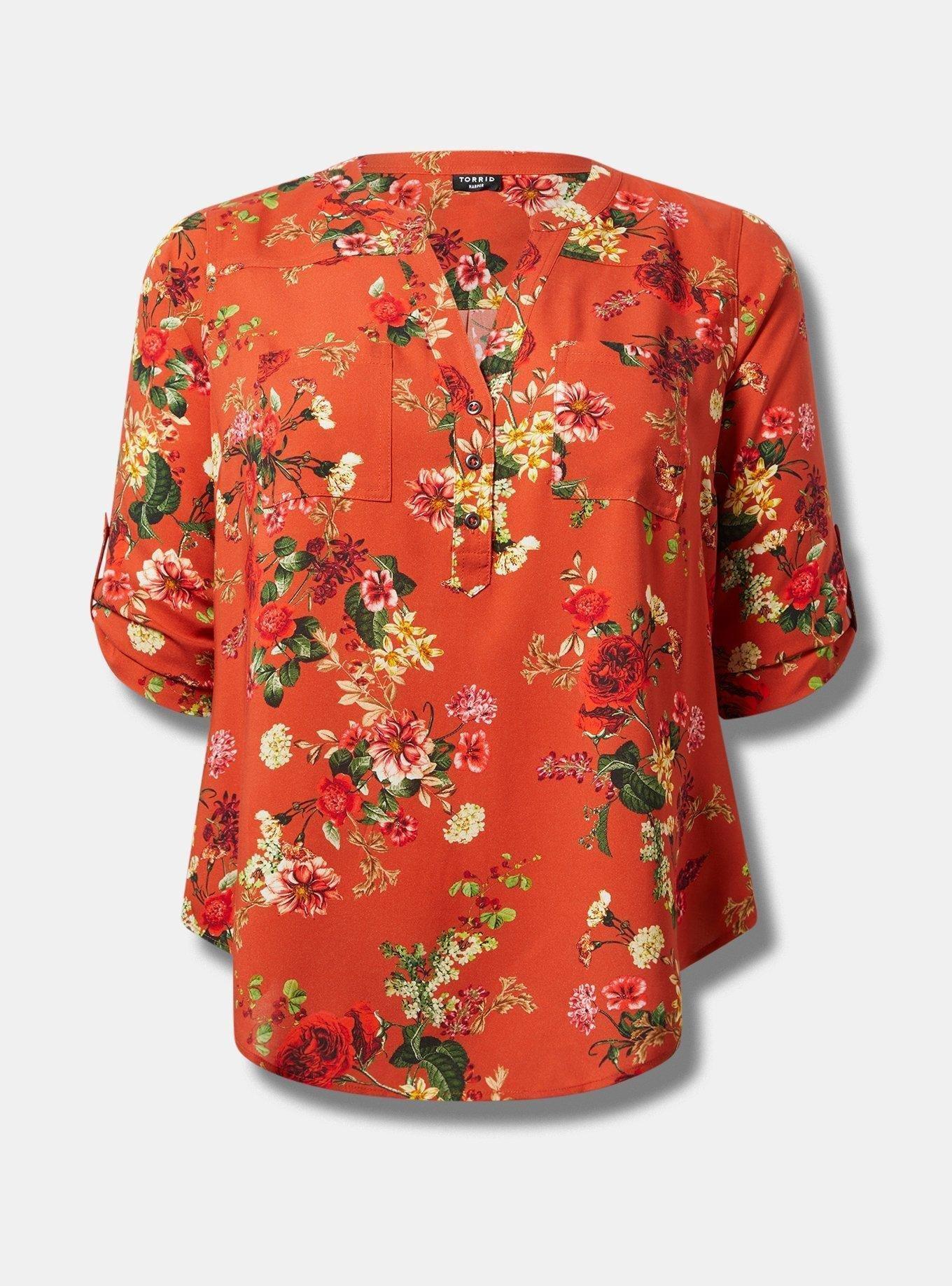 Plus Size Harper Challis 3/4 Sleeve Top, LONG TIME FLORAL CHILLI, hi-res