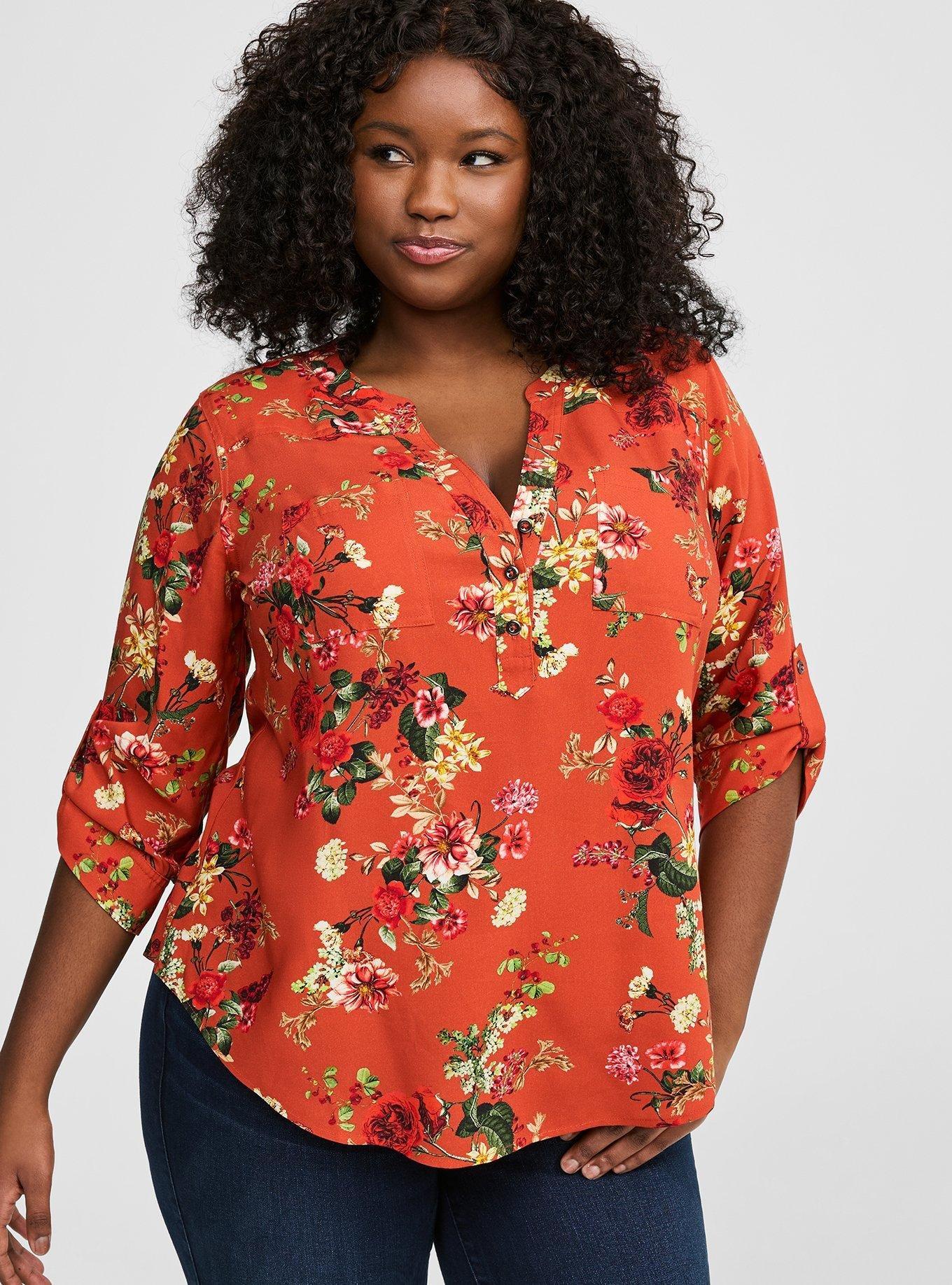 Plus Size Harper Challis 3/4 Sleeve Top, LONG TIME FLORAL CHILLI, hi-res
