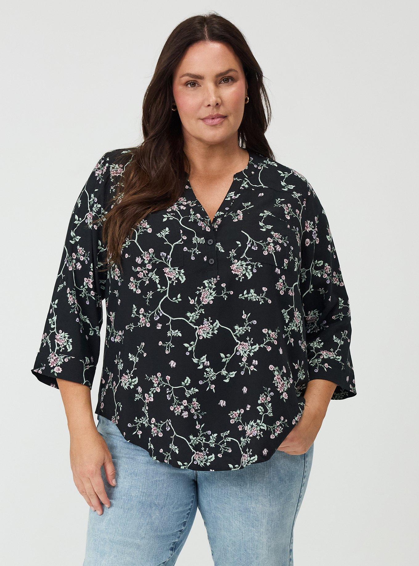 Harper Challis 3/4 Sleeve Top, CRAWLING FLORAL BLACK, hi-res