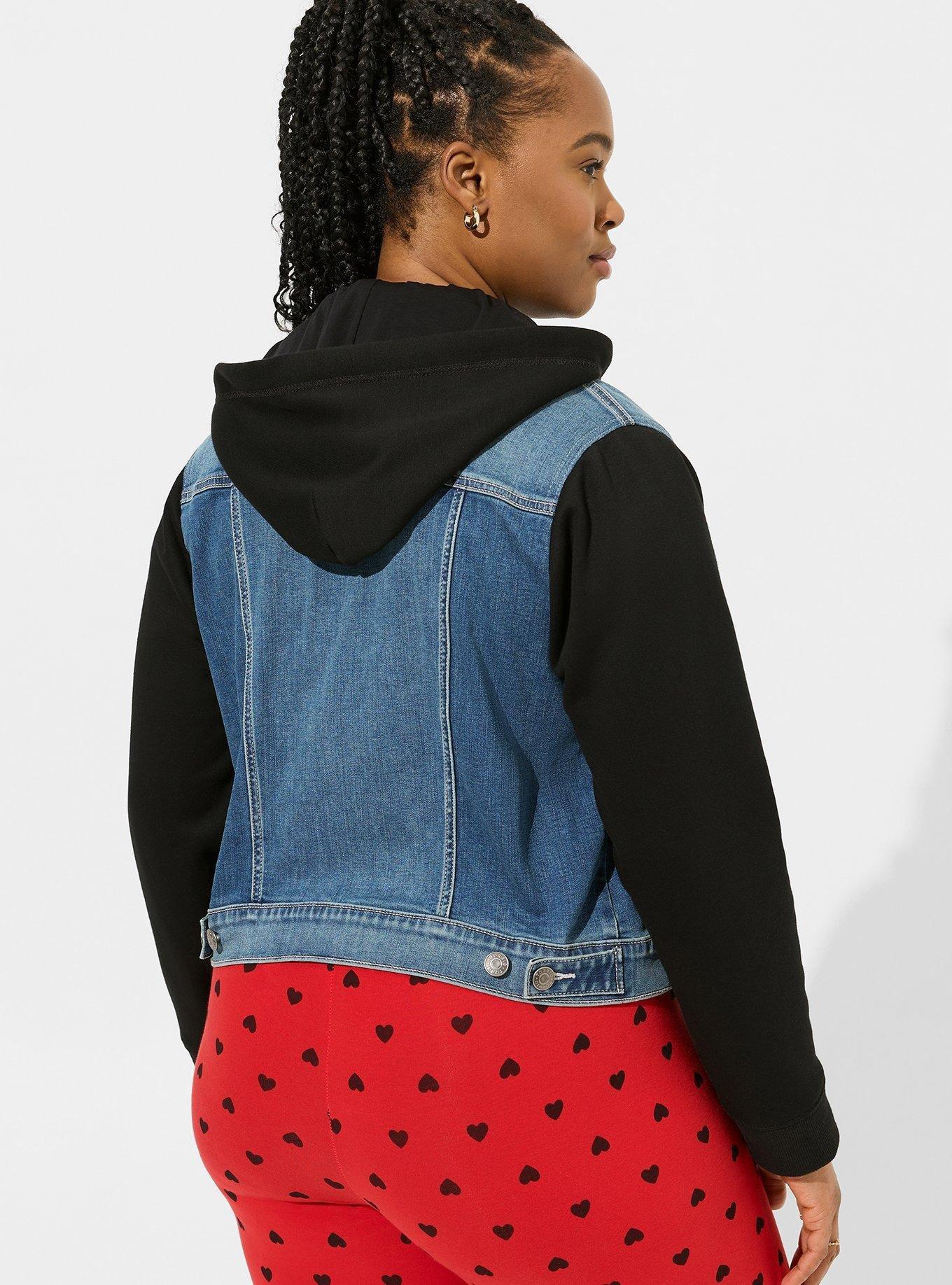 Denim jacket with outlet knit sleeves and hood