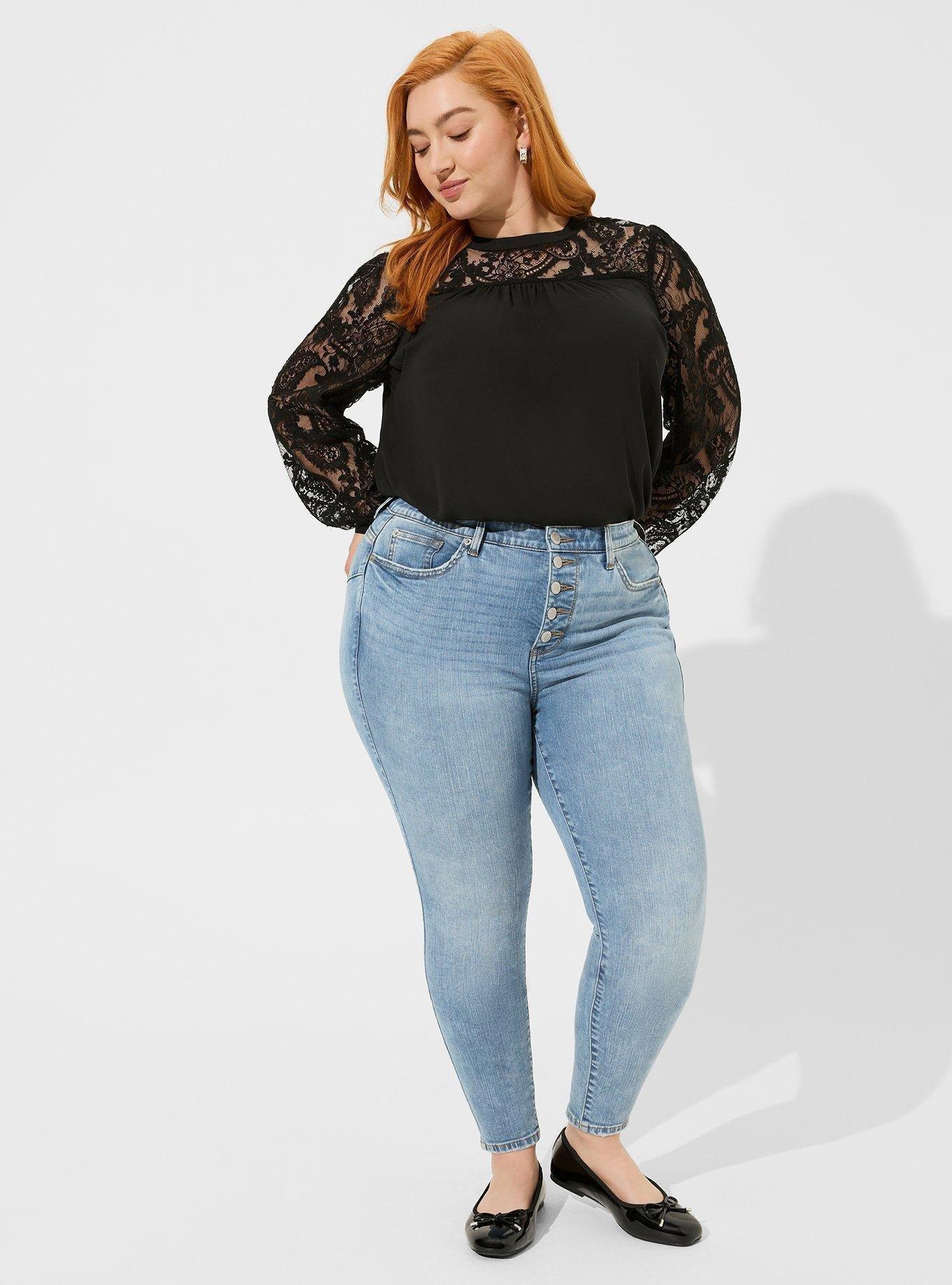 Plus Size - Sheer Stretch Lace Mock Neck Long Sleeve Top - Torrid