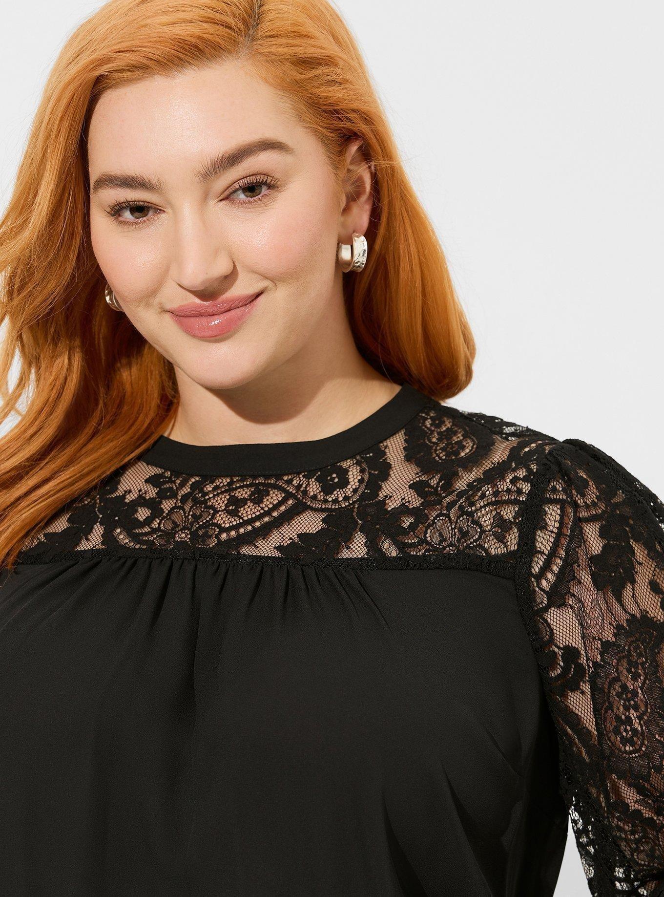 Georgette Lace Yoke Long Sleeve Blouse, DEEP BLACK, alternate