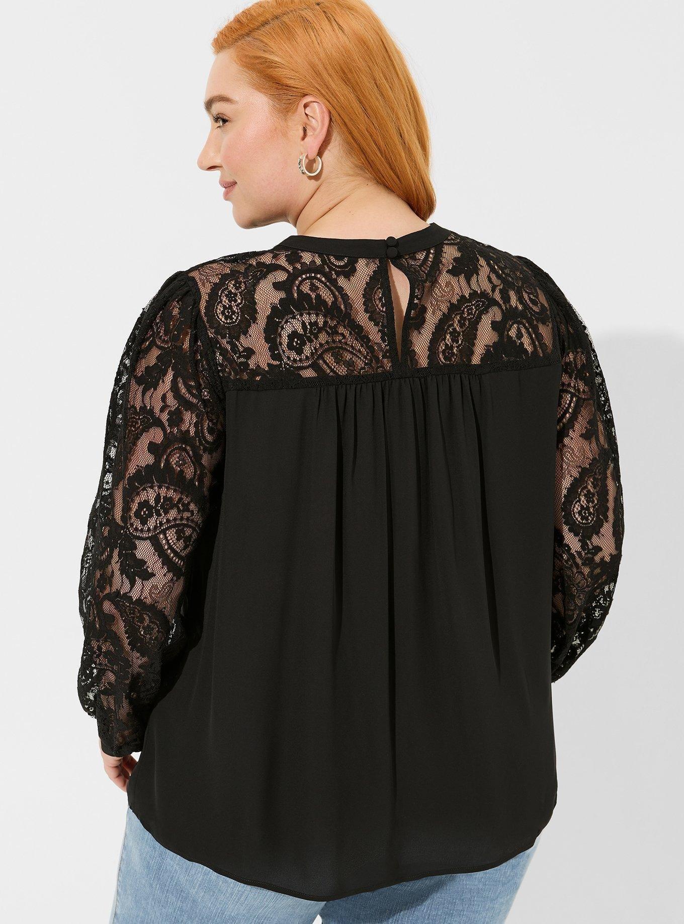 Georgette Lace Yoke Long Sleeve Blouse, DEEP BLACK, alternate