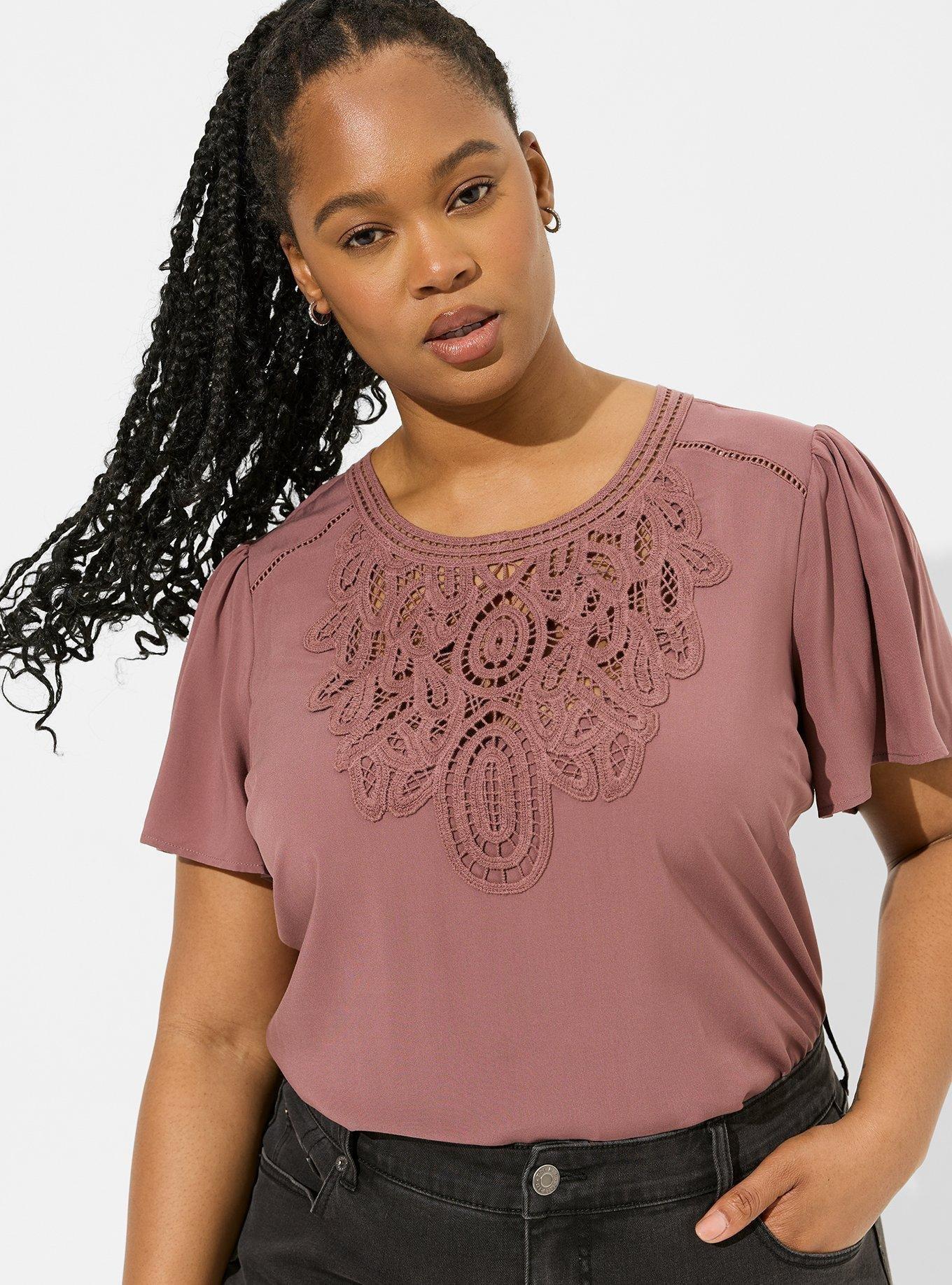 Plus Size - Washable Challis Embroidered Flutter Short Sleeve Top