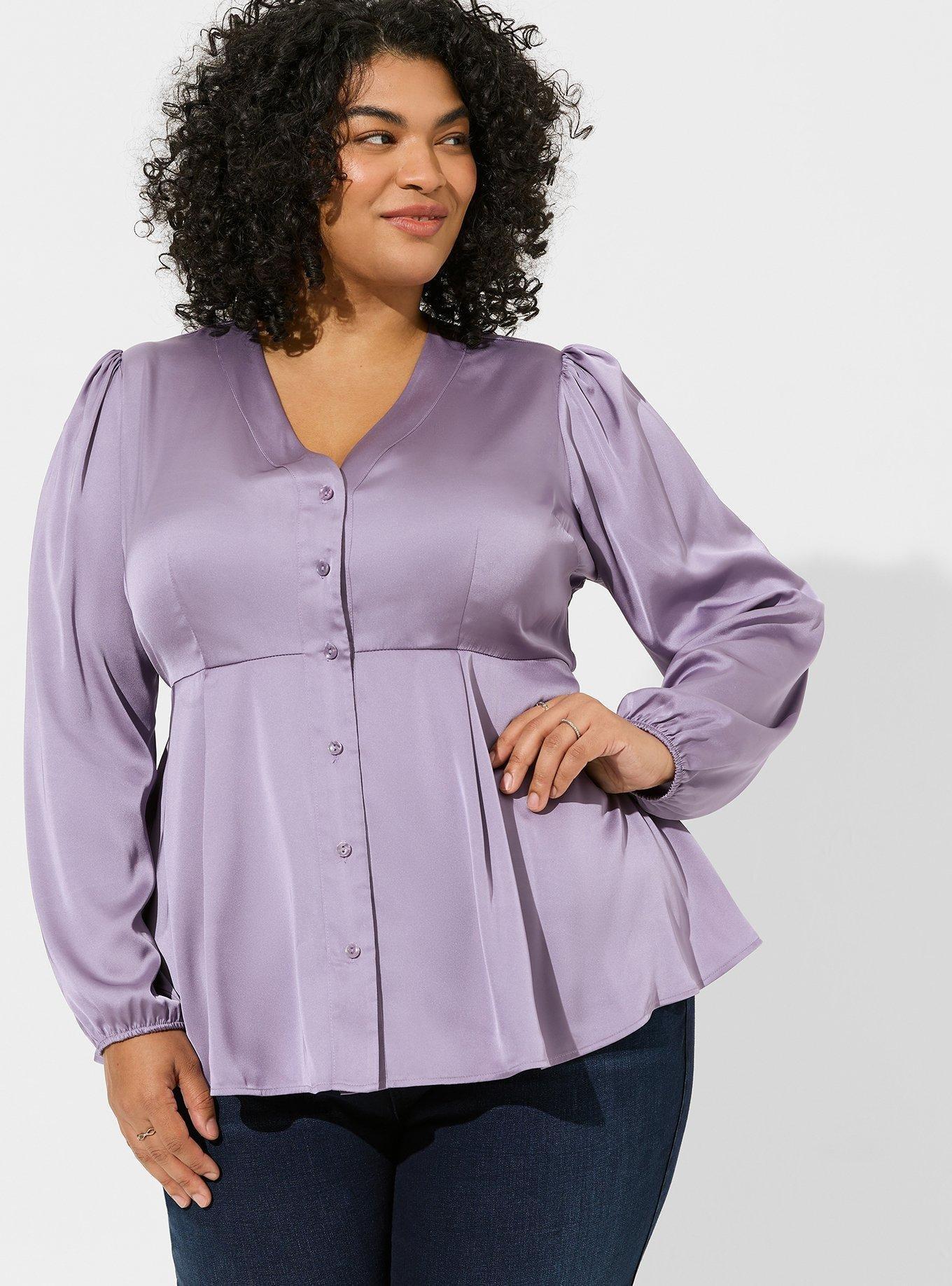 Peplum Satin Button Front Long Sleeve Top