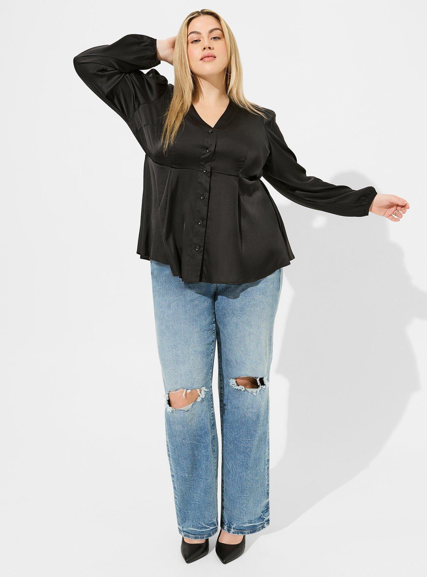 Peplum Satin Button Front Long Sleeve Top