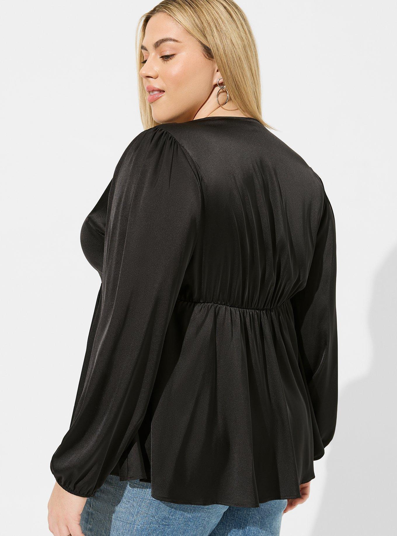 Peplum Satin Button Front Long Sleeve Top