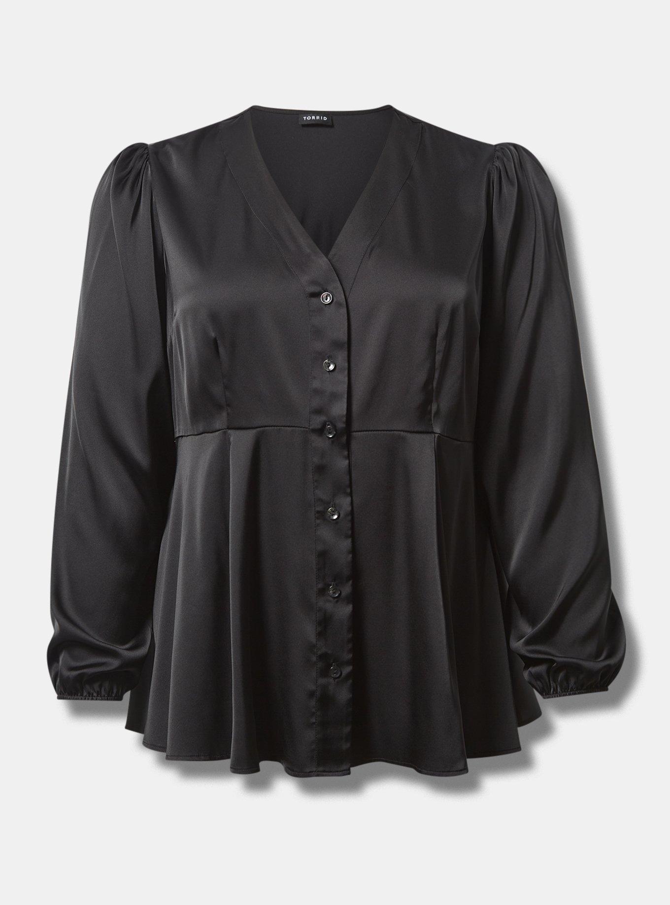 Plus Size - Peplum Satin Button Front Long Sleeve Top - Torrid