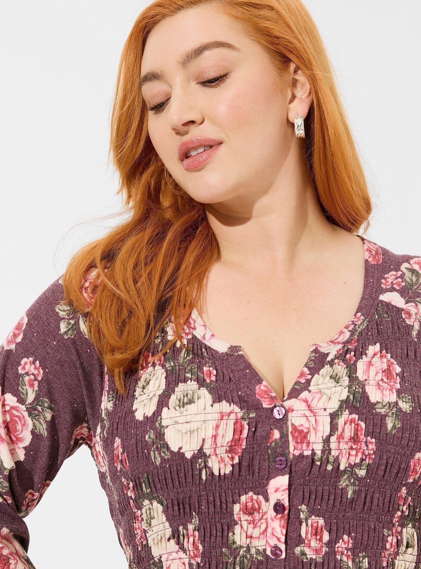 Plus Size - Smocked Stretch Lace Scoop Henley Top - Torrid