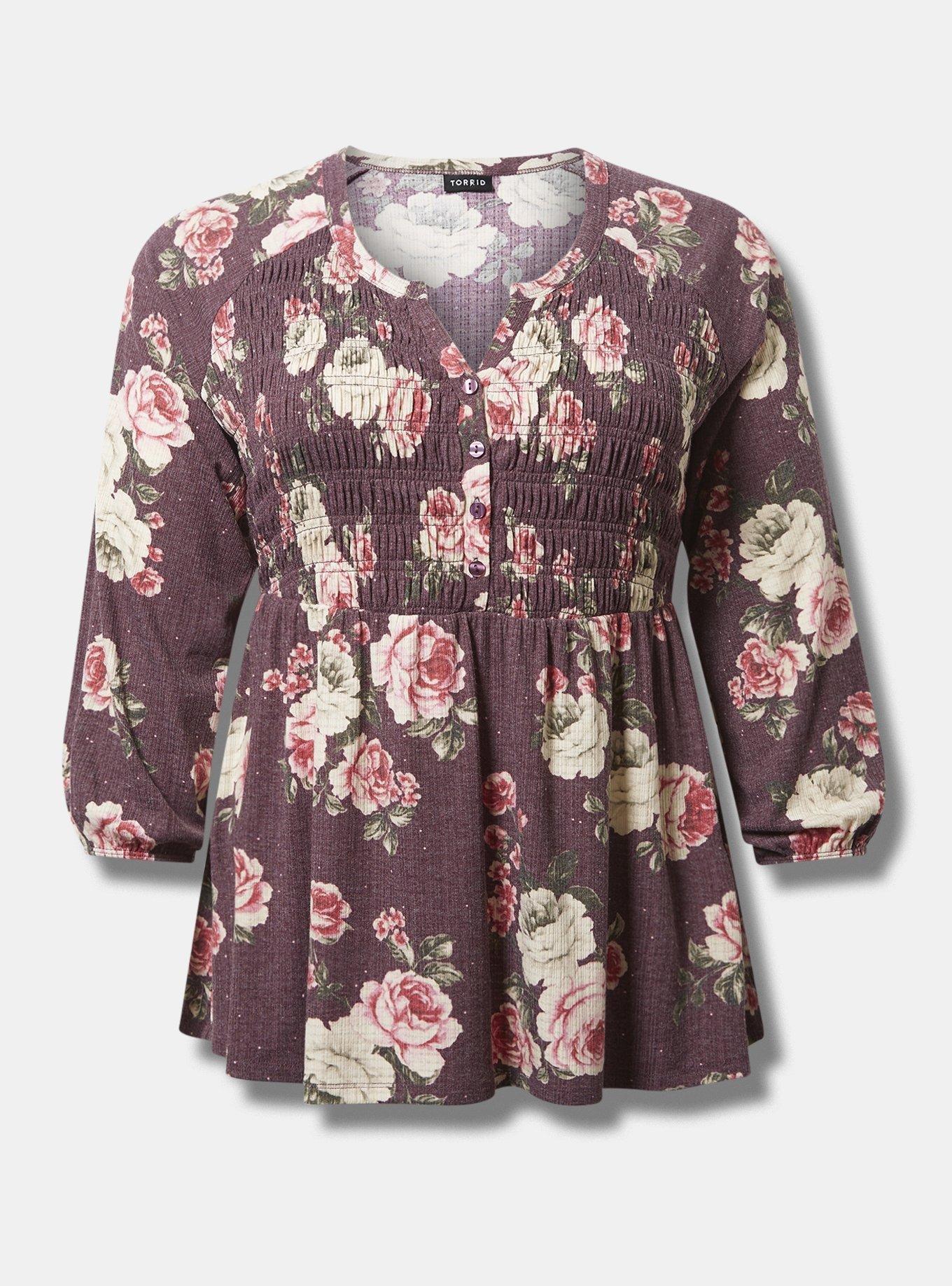 Torrid Dress 4X Pink Smocked 3/4 Blouson Floral Detail Sleeves