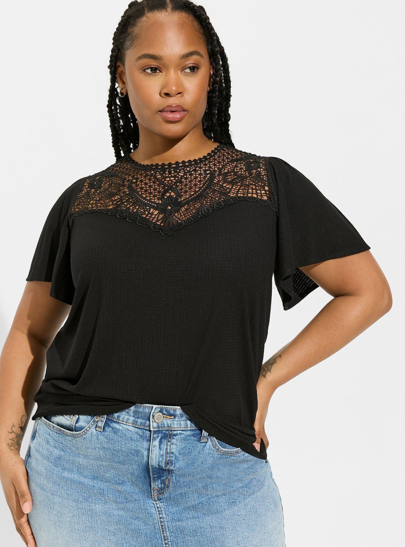 Texture Jersey Crew Neck Lace Yoke Flutter Sleeve Top