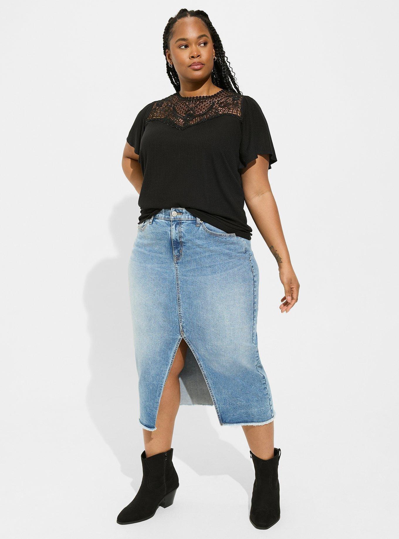 Plus Size - Texture Jersey Crew Neck Lace Yoke Flutter Sleeve Top - Torrid