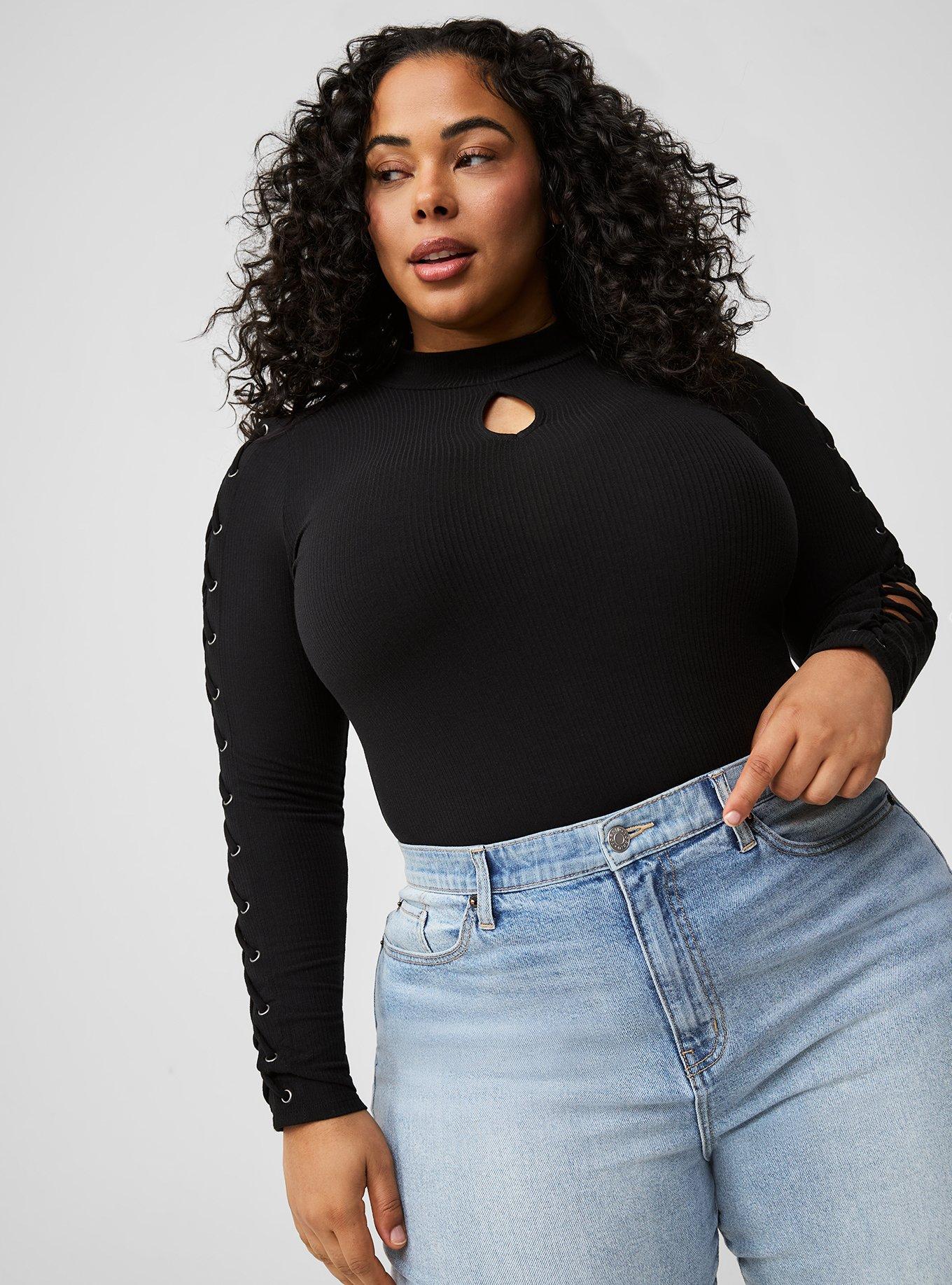 Plus Size - Super Soft Rib Mock Neck Lace Up Long Sleeve Top - Torrid