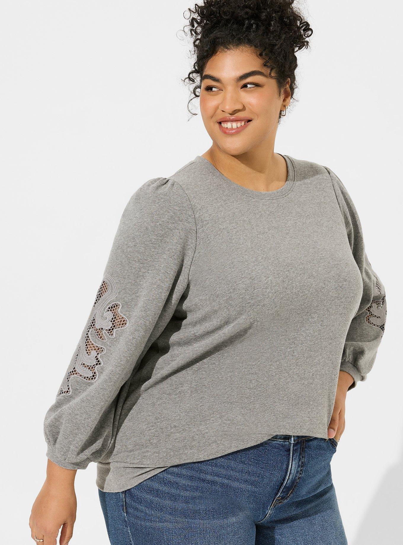 Plus Size Cozy Fleece Crew Neck Crochet Sleeve Sweatshirt Torrid