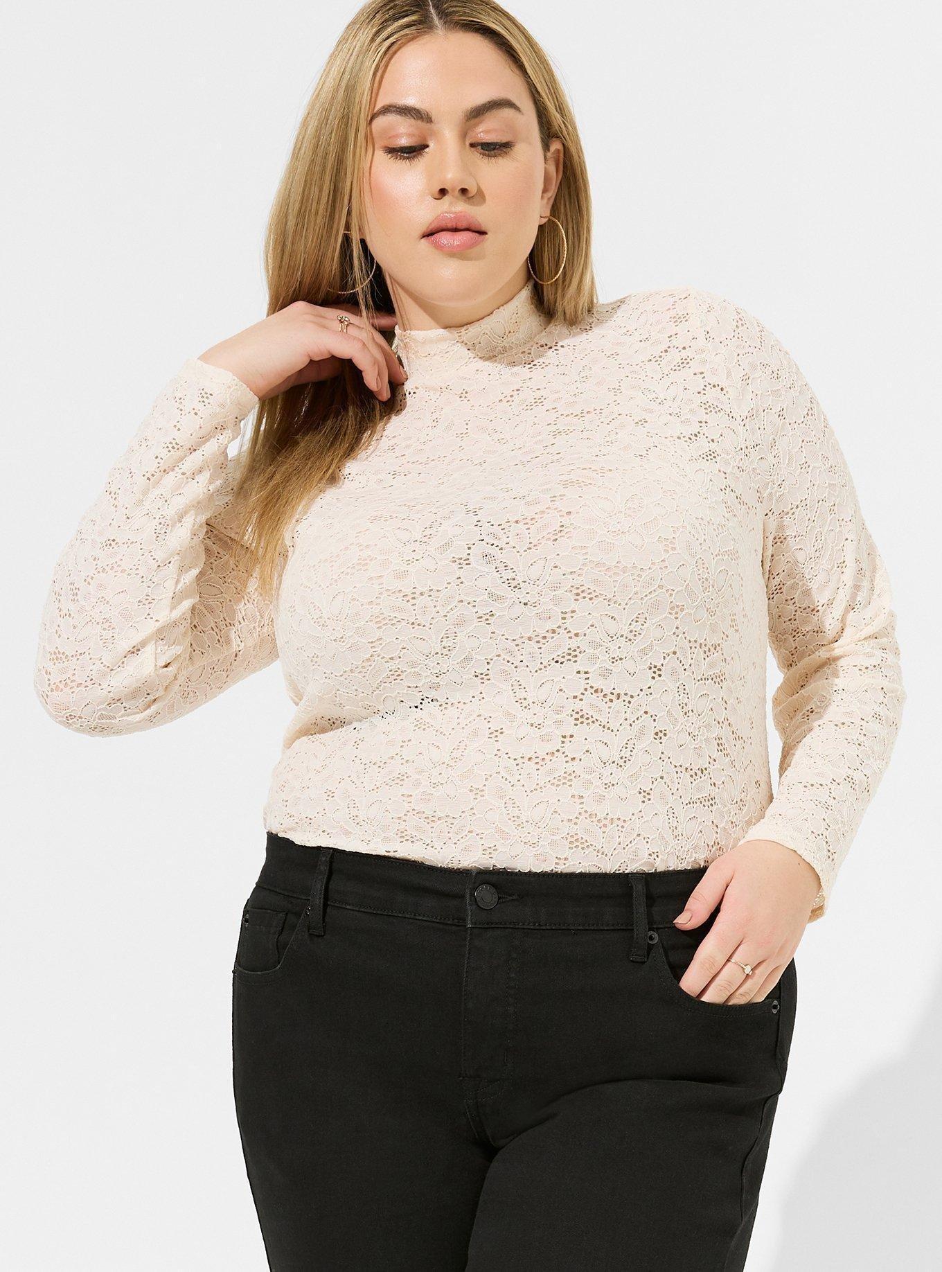 Long-Sleeve Lace Top with Mock Neckline, Regular