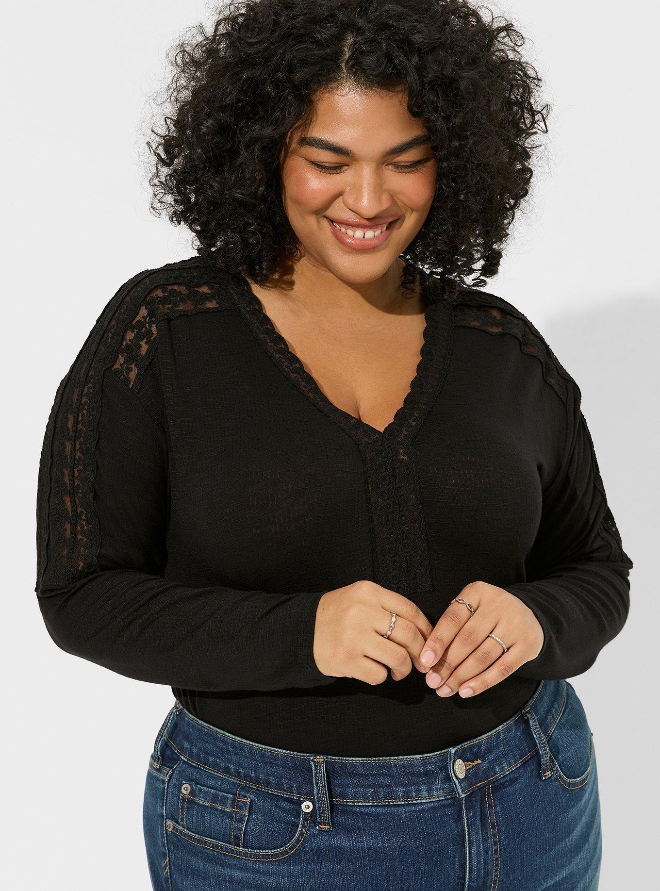 Plus Size - Cotton Modal Rib Lace V-Neck Long Sleeve Henley Top - Torrid