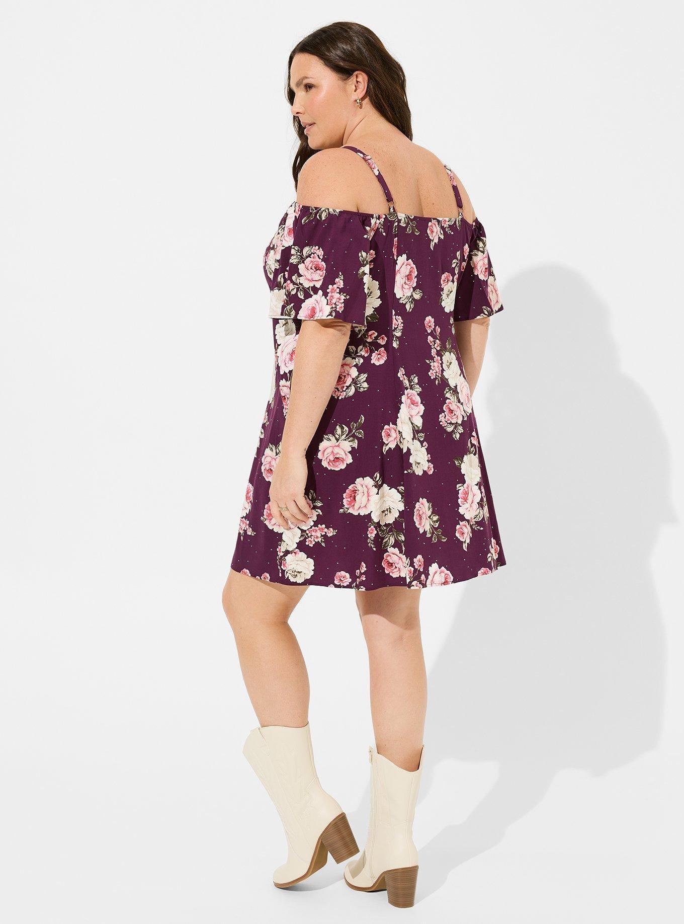 Plus Size Mini Challis Cold Shoulder Trapeze Dress, ROMANTIC ROSES FLORAL WINTER BLOOM, alternate