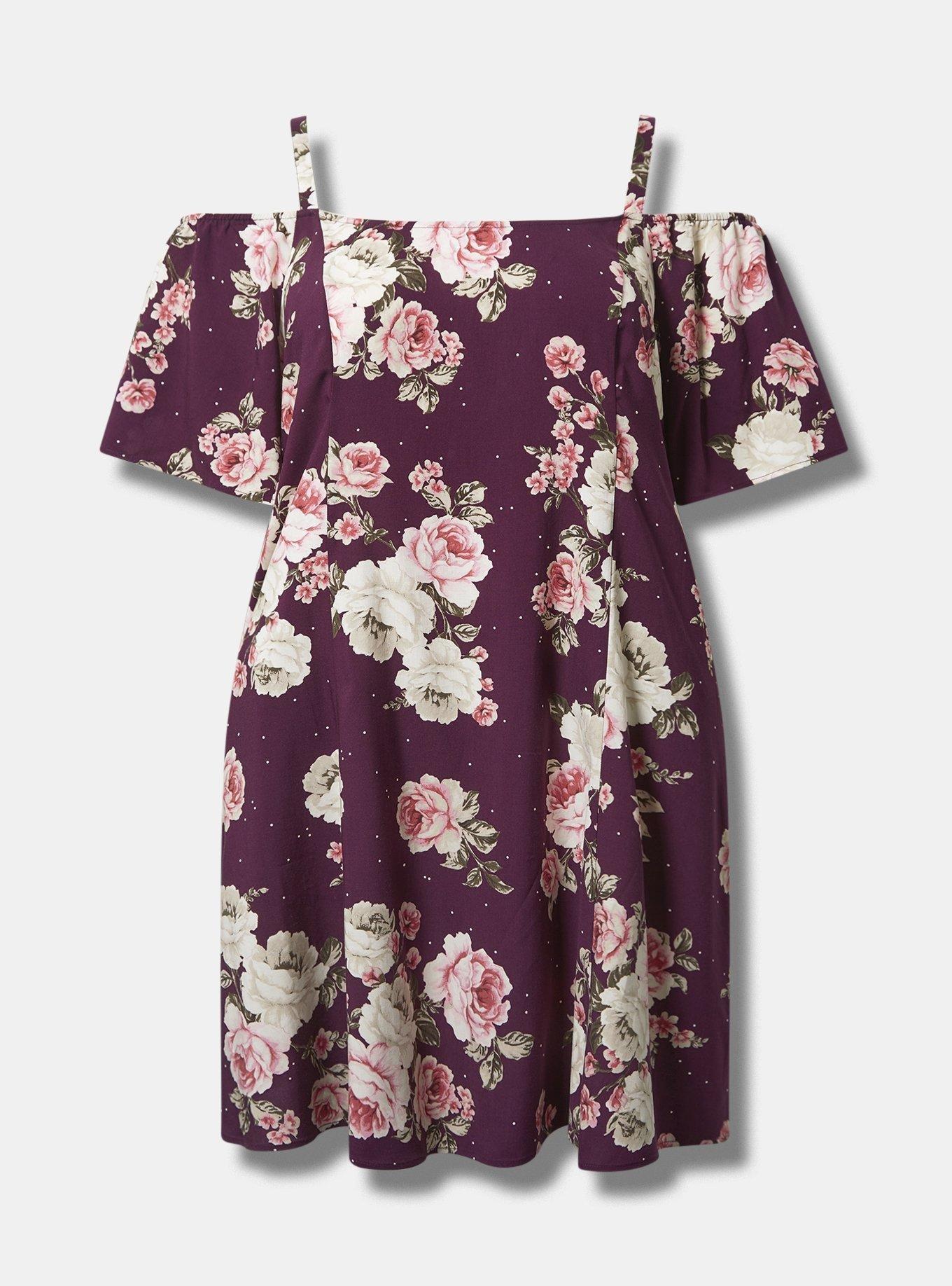 Plus Size Mini Challis Cold Shoulder Trapeze Dress, ROMANTIC ROSES FLORAL WINTER BLOOM, hi-res