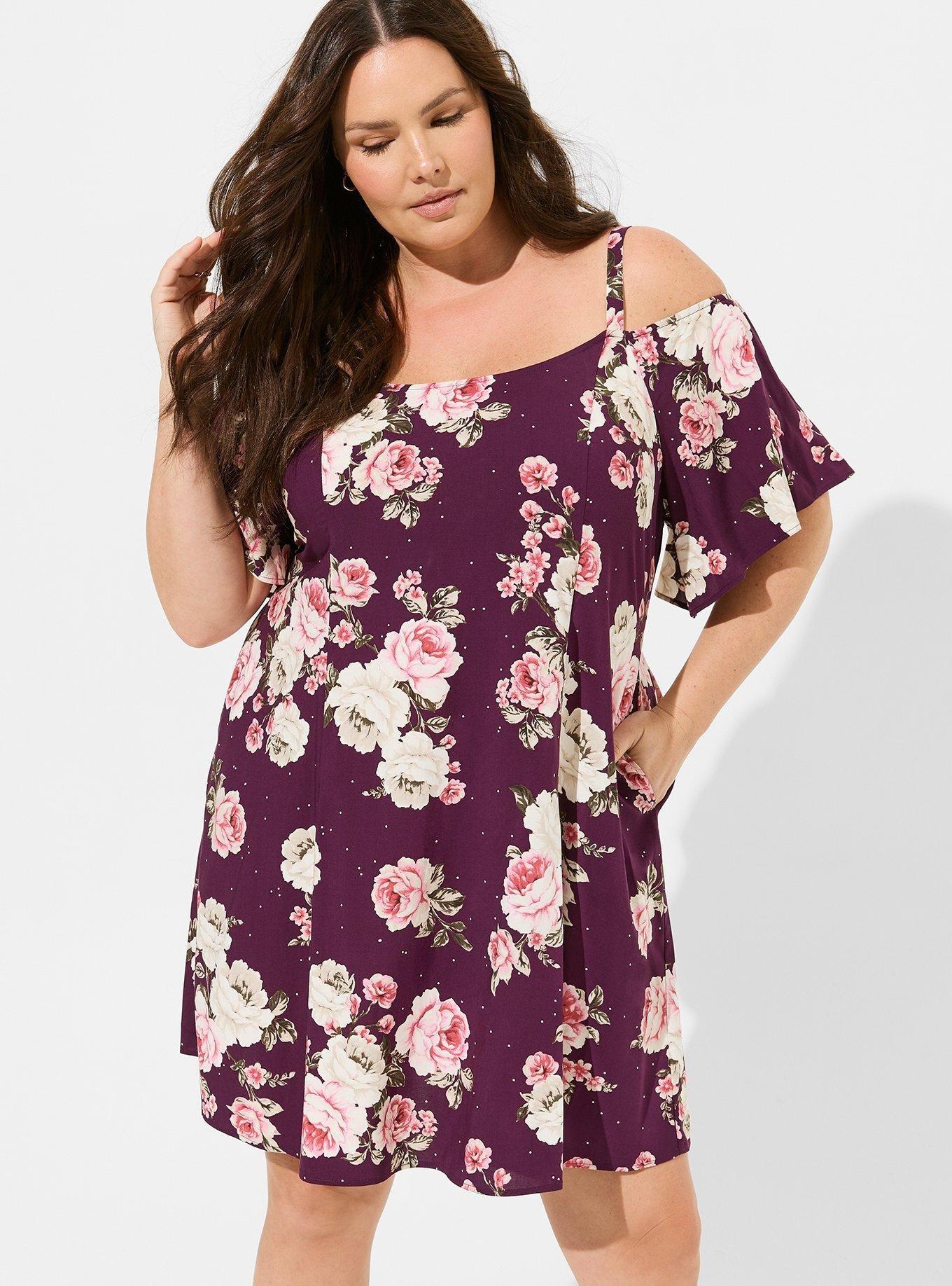Plus Size Mini Challis Cold Shoulder Trapeze Dress, ROMANTIC ROSES FLORAL WINTER BLOOM, hi-res