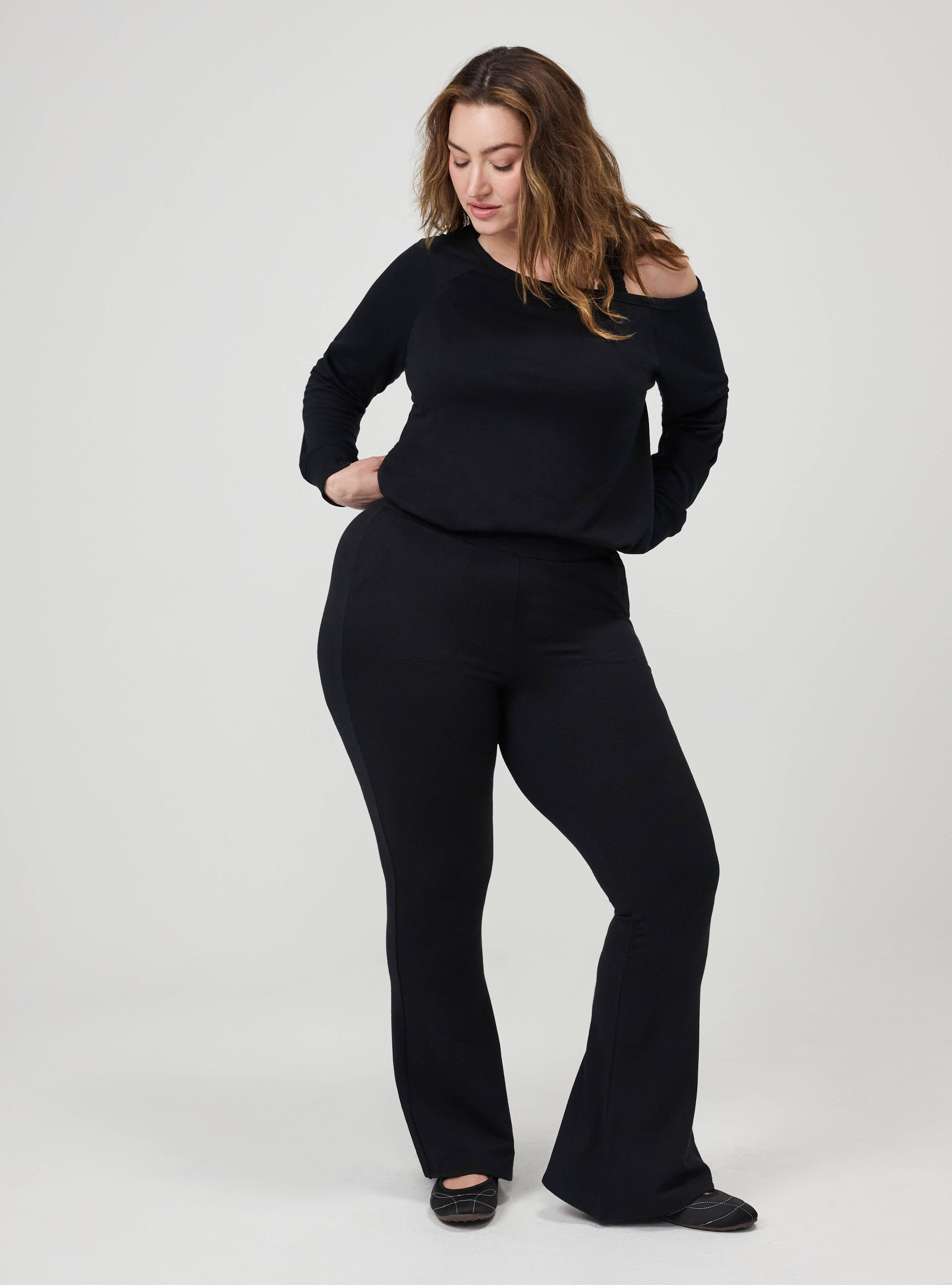 Plus Size Full-Length Ribbed Flare Pocket Legging, DEEP BLACK, alternate