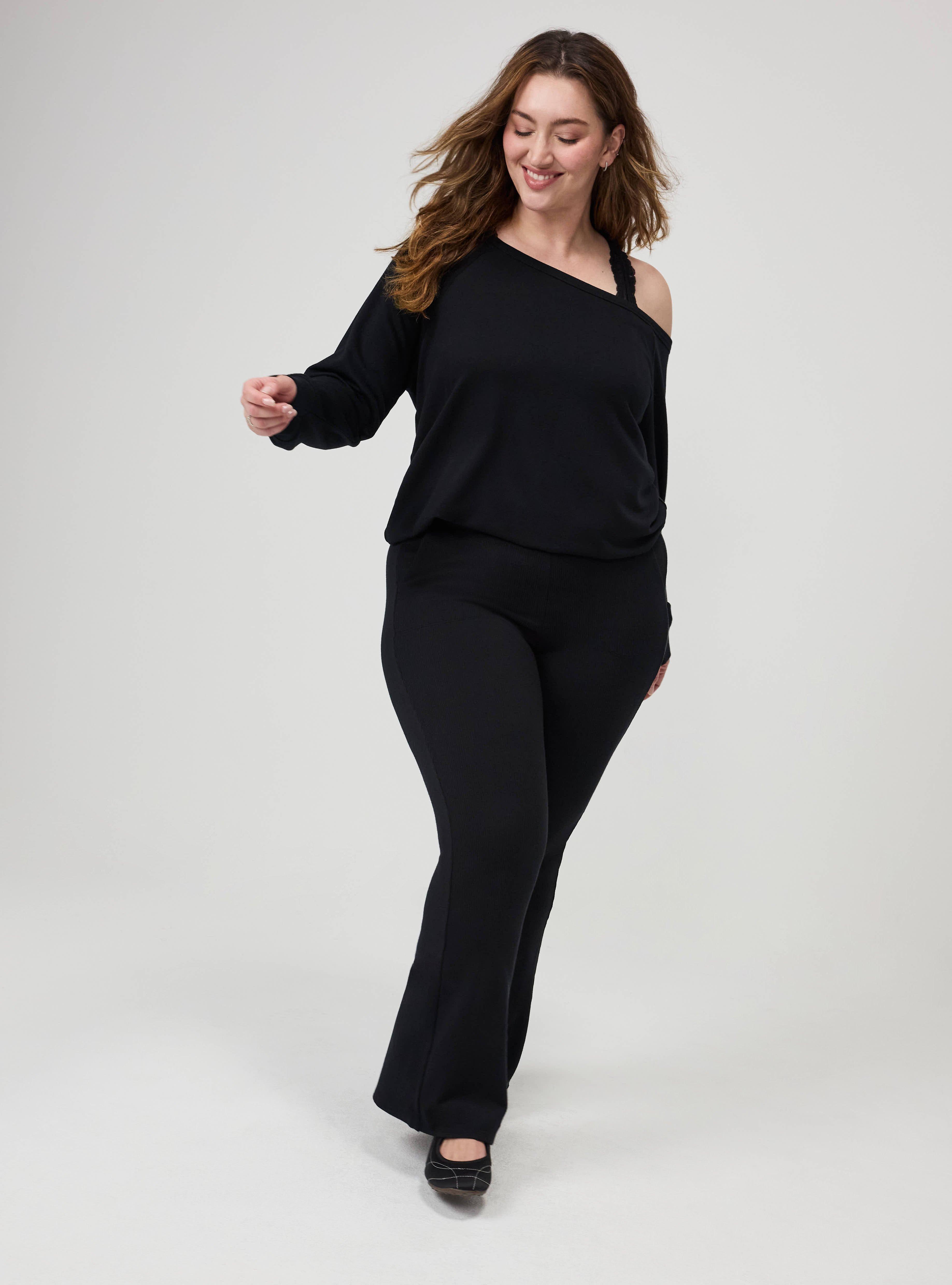 Plus Size Full-Length Ribbed Flare Pocket Legging, DEEP BLACK, alternate